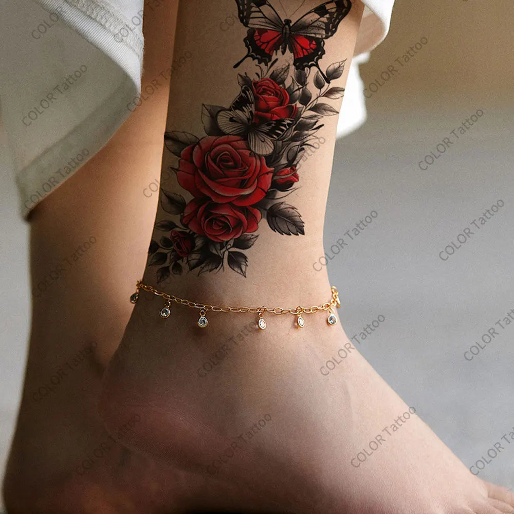 Realistic Flower Tattoo Sticker – Rose & Butterfly Design (1pc)
