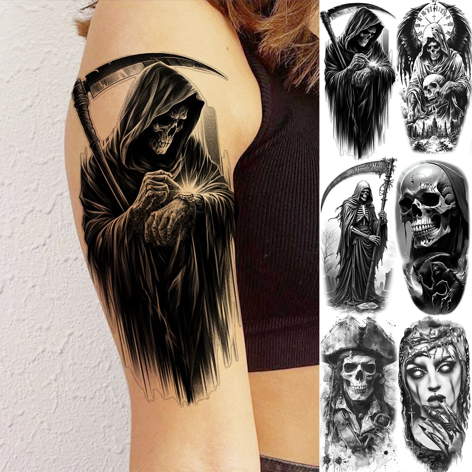 Grim Reaper Skull Pirate Temporary Tattoo – Halloween Fake Tattoo Sticker (1 Sheet)