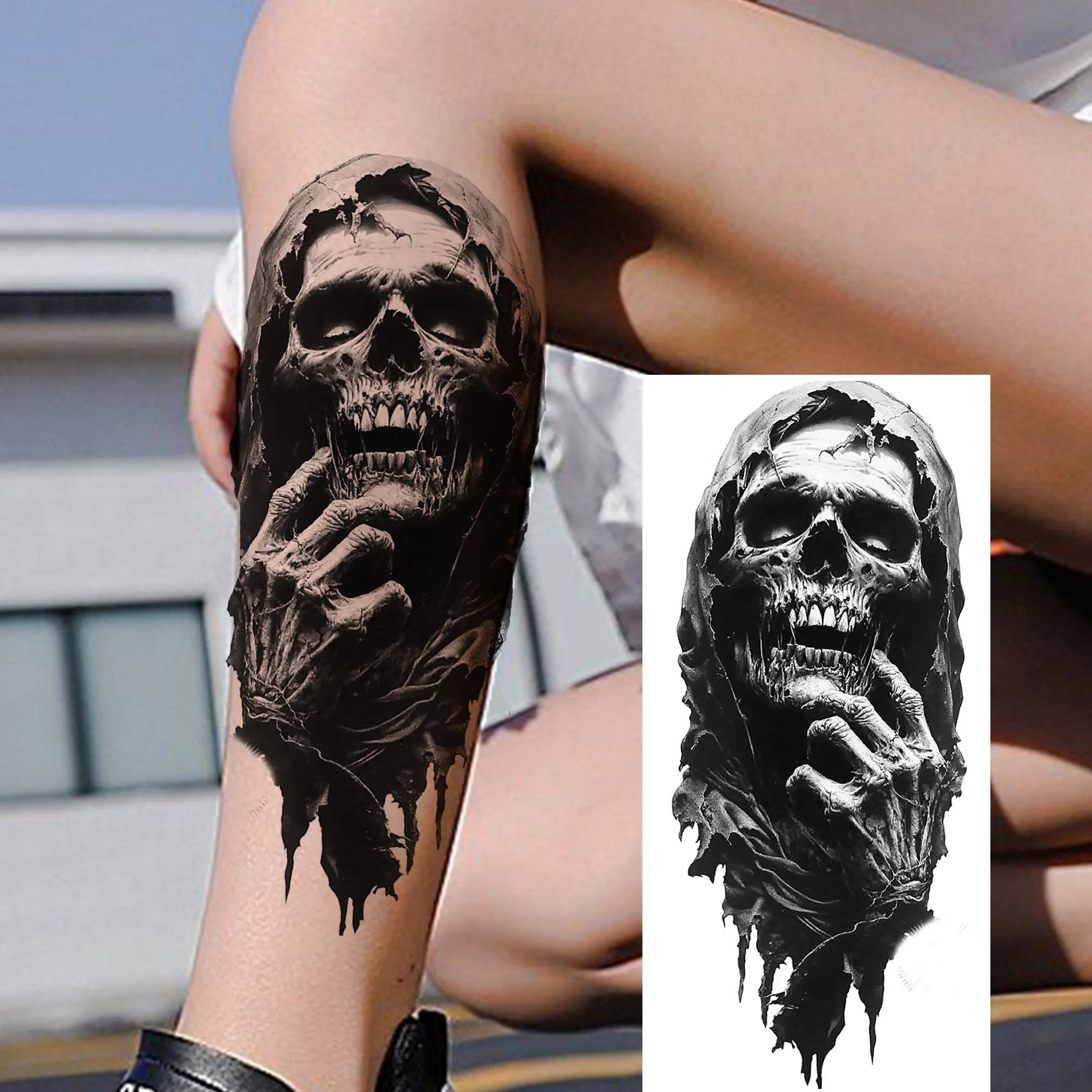 Grim Reaper Skull Pirate Temporary Tattoo – Halloween Fake Tattoo Sticker (1 Sheet)