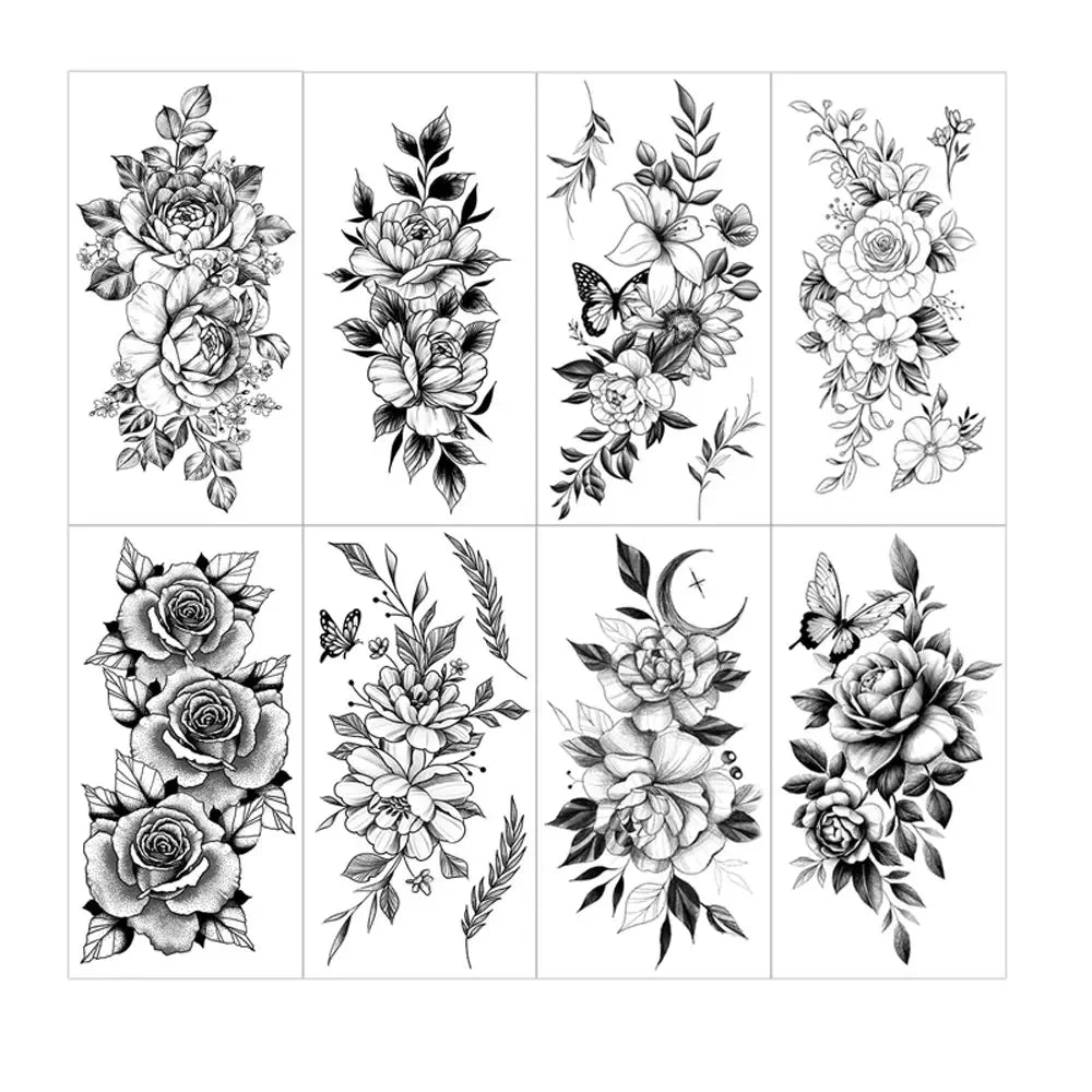 Black Floral Temporary Tattoo Stickers – Waterproof Fake Flower Tattoos for Hand, Arm, Body