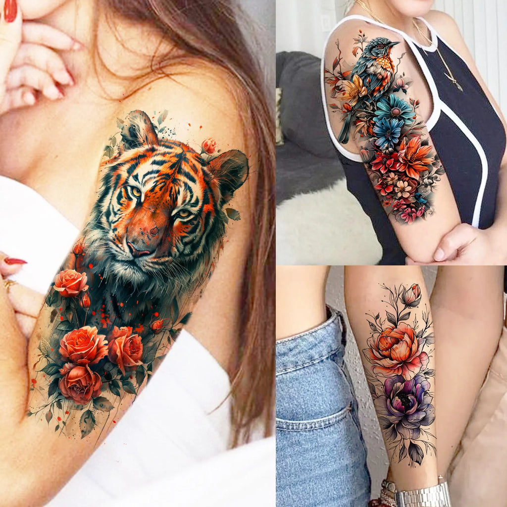 1 Sheet Watercolor Tiger Rose Temporary Tattoo Sticker – Waterproof Fake Tattoo with Floral & Bird Design
