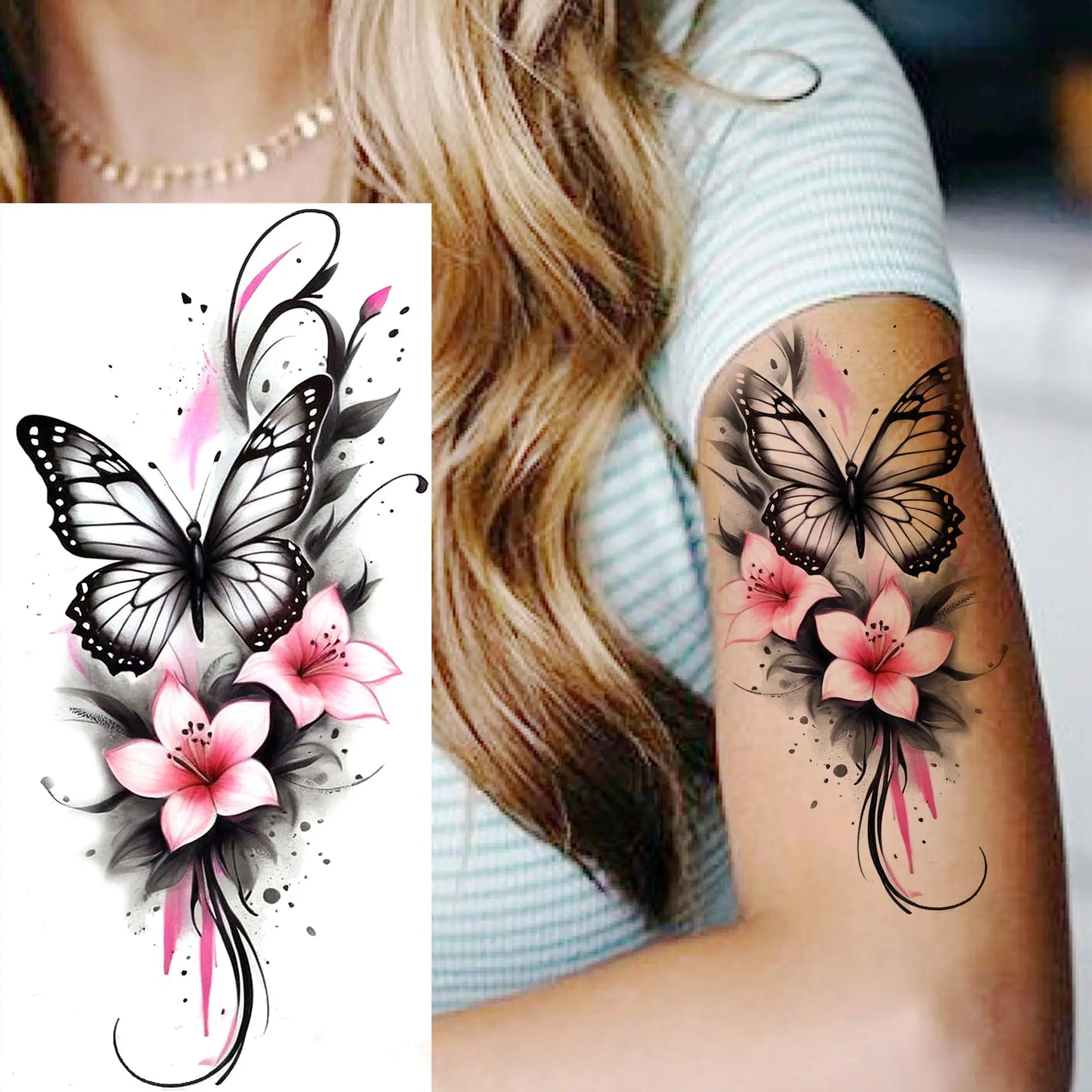 Watercolor Flower & Butterfly Tattoo – Realistic Waterproof Temporary Sticker (1 Sheet)
