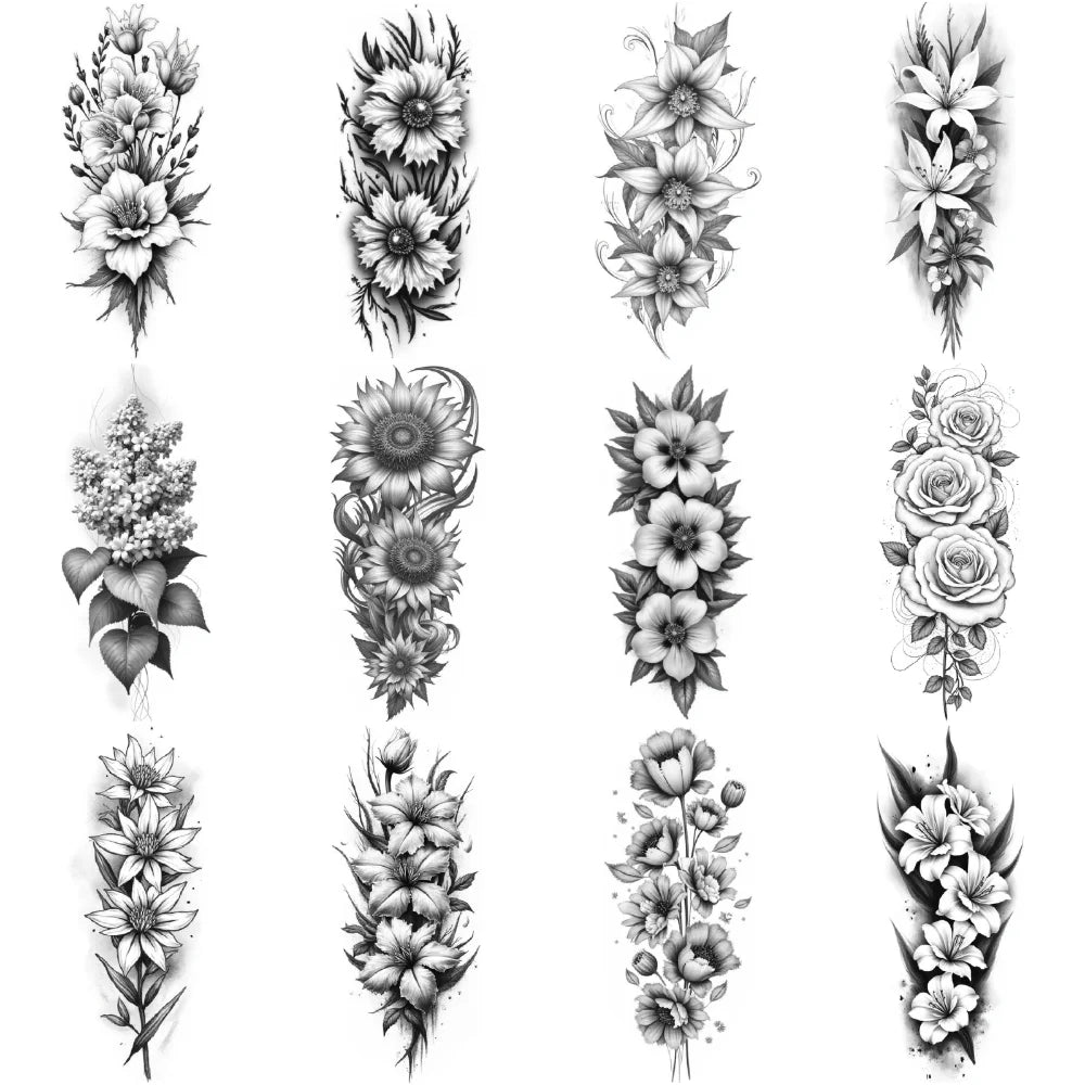 12pcs Realistic Blooming Flower Temporary Tattoos