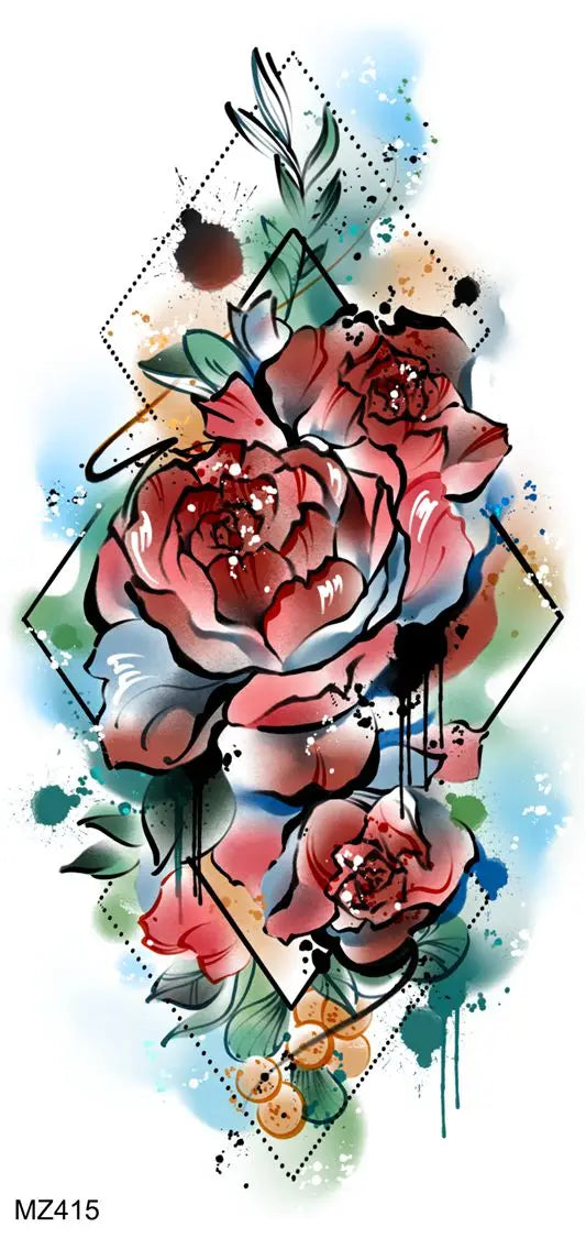 2pcs Watercolor Peony Rose Butterfly Temporary Tattoo Stickers