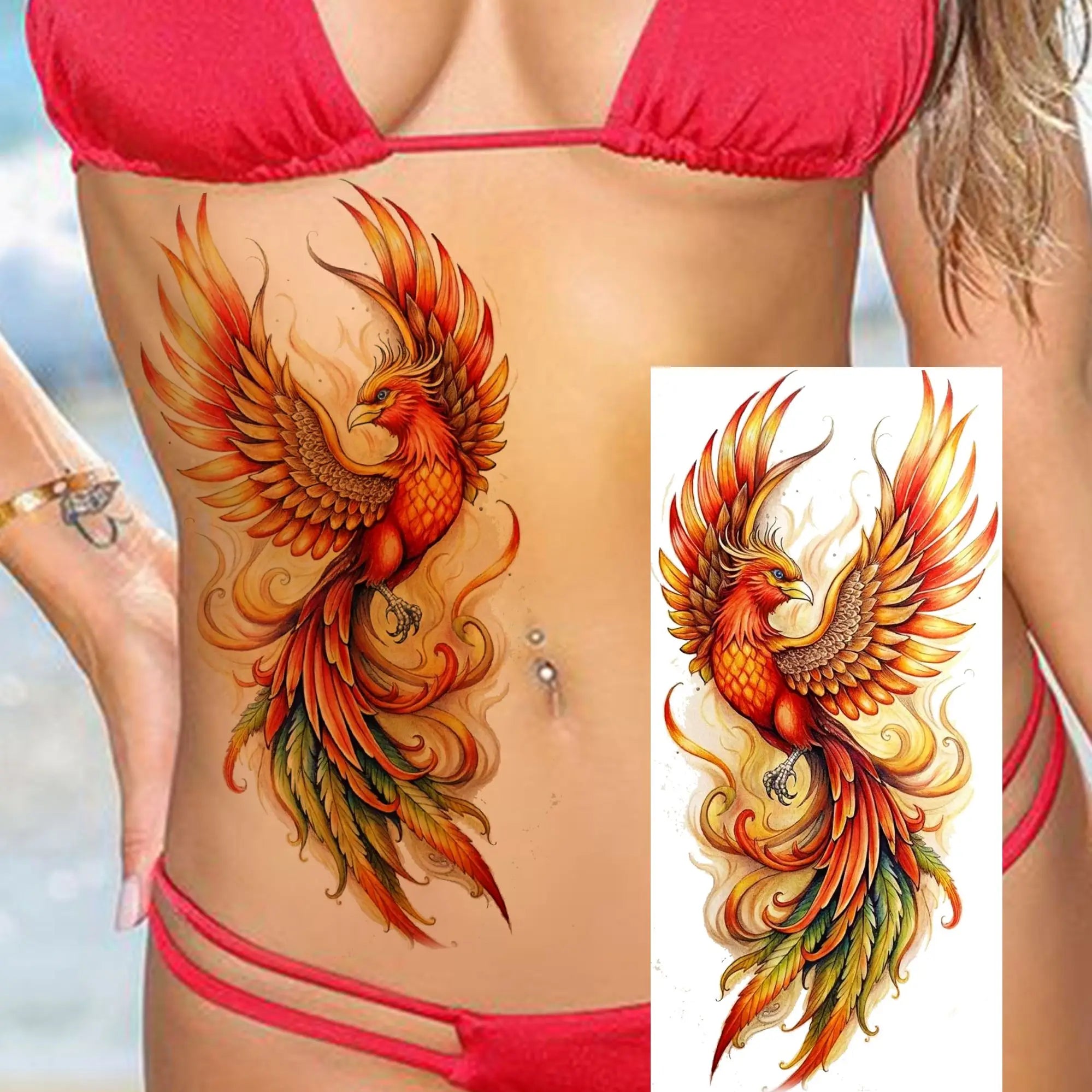 1 Sheet Phoenix Butterfly Flower Temporary Tattoo Sticker – Waterproof Realistic Fake Tattoos for Arm Back Waist
