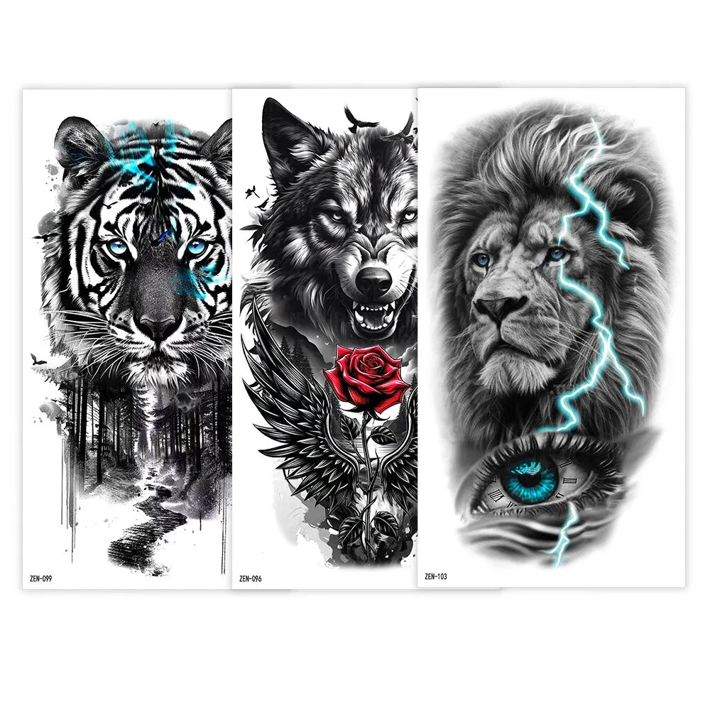 2pcs Black Lion Tiger Wolf Temporary Tattoo Stickers – Waterproof Fake Animal Sleeve Tattoos