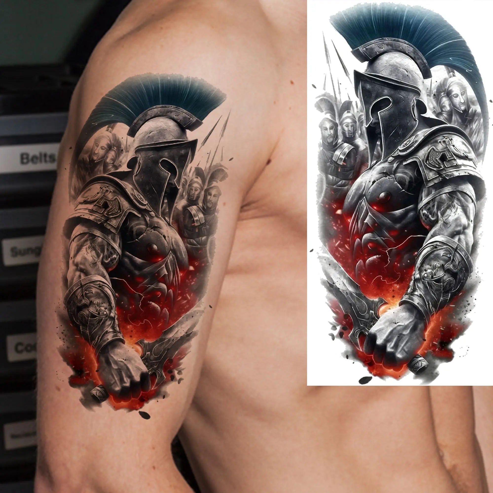 1pc Black Warrior Spartan Temporary Tattoo Stickers – Gladiator Helmet Lion Wolf Armor Design