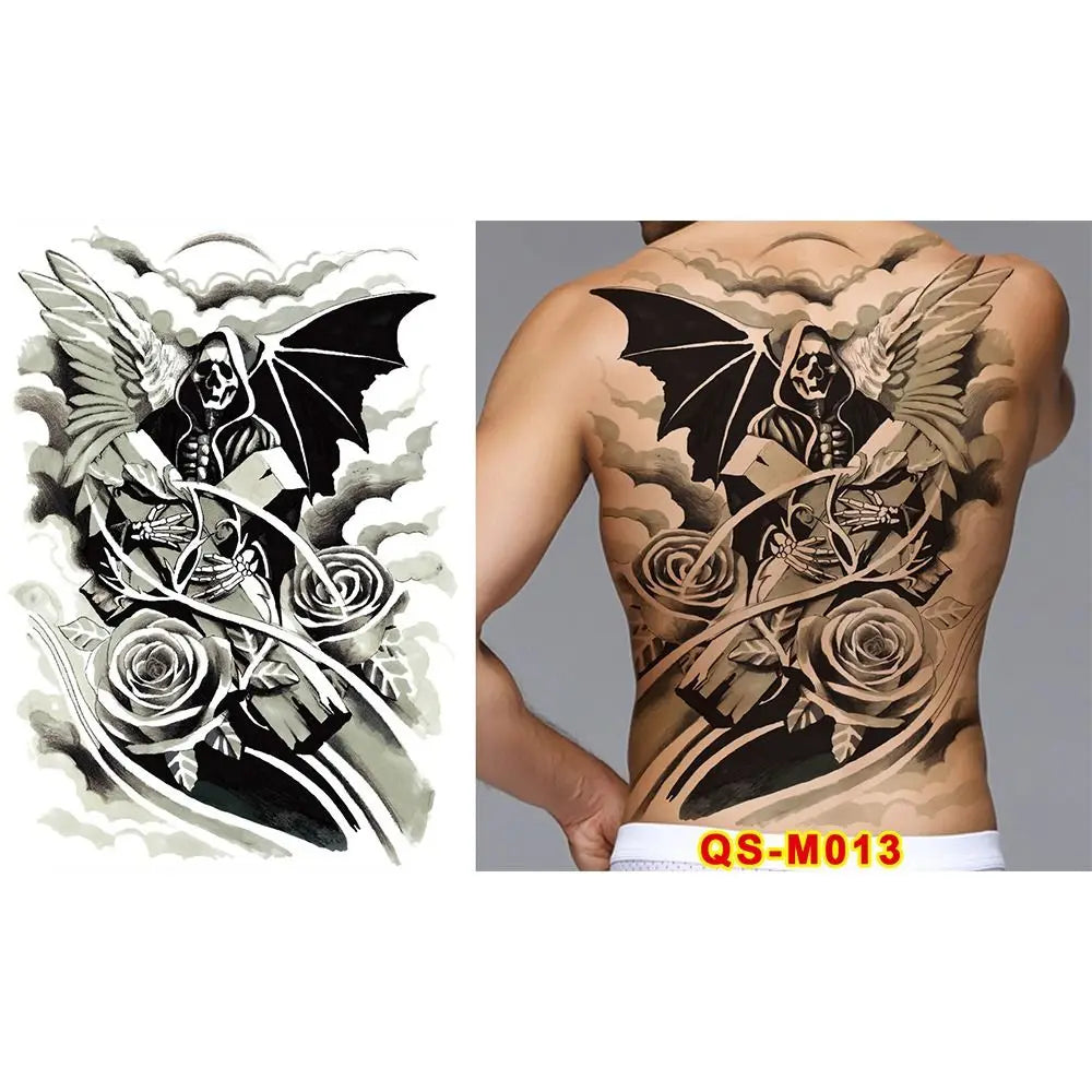 Full Back Water Transfer Tattoo Stickers – Angel Wings, Cross, Warrior Style Fake Tattoo for Men