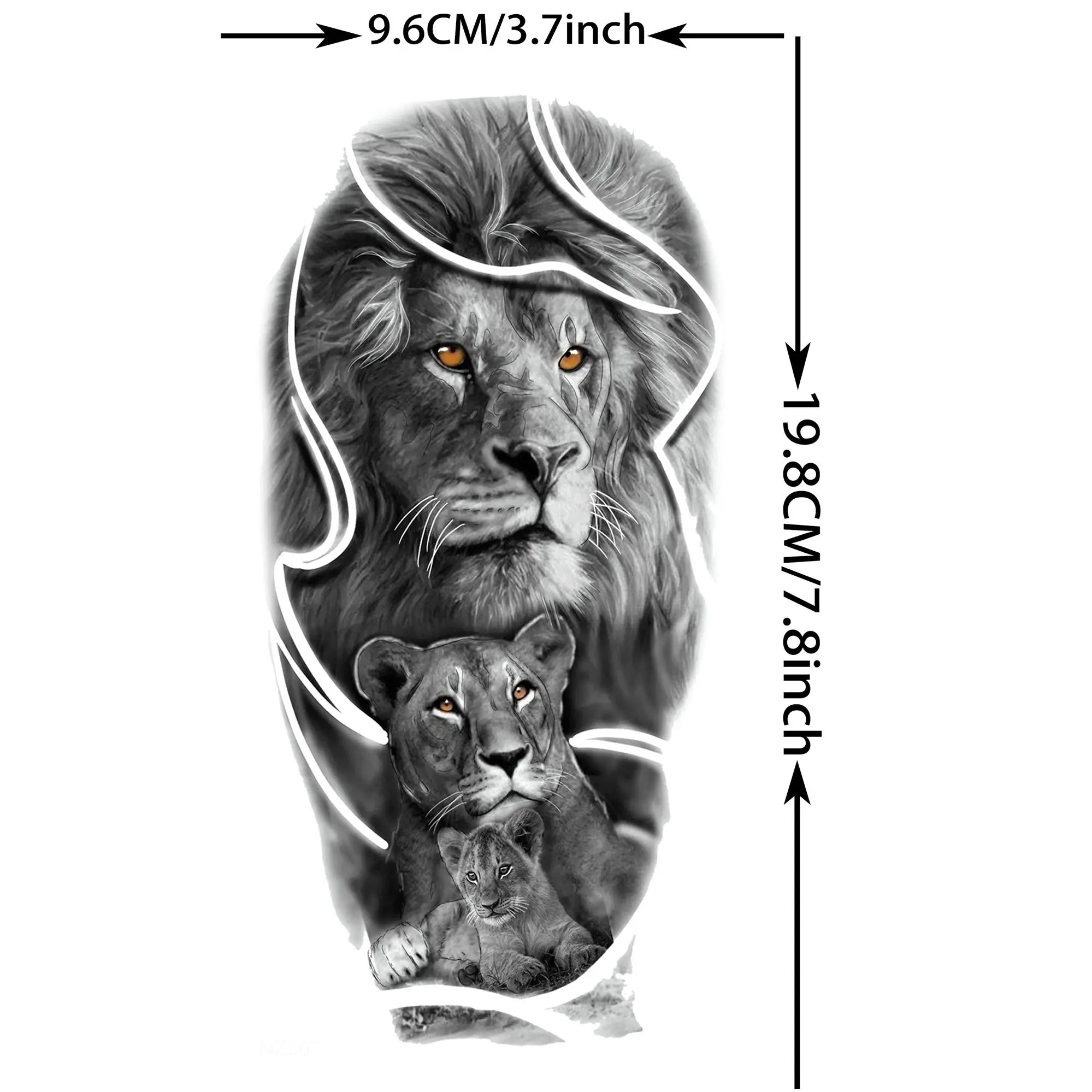 1pc Black Animal Realism Temporary Tattoo Stickers - Tiger Lion Wolf Clock Skull Eye
