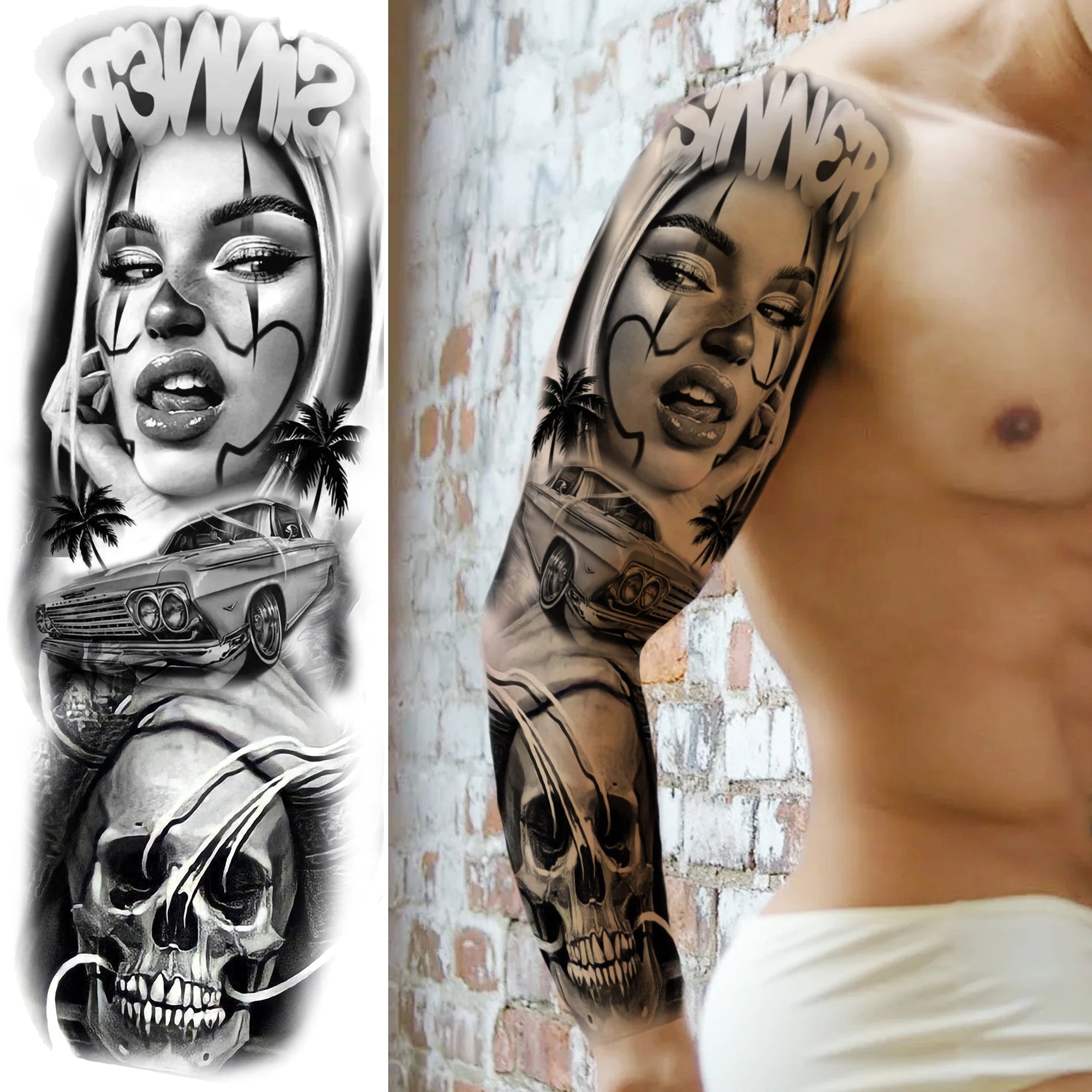 1 Sheet Zeus Jesus Skull Arm Temporary Tattoo Stickers – Waterproof Fake Sleeve Tattoo for Arm and Leg
