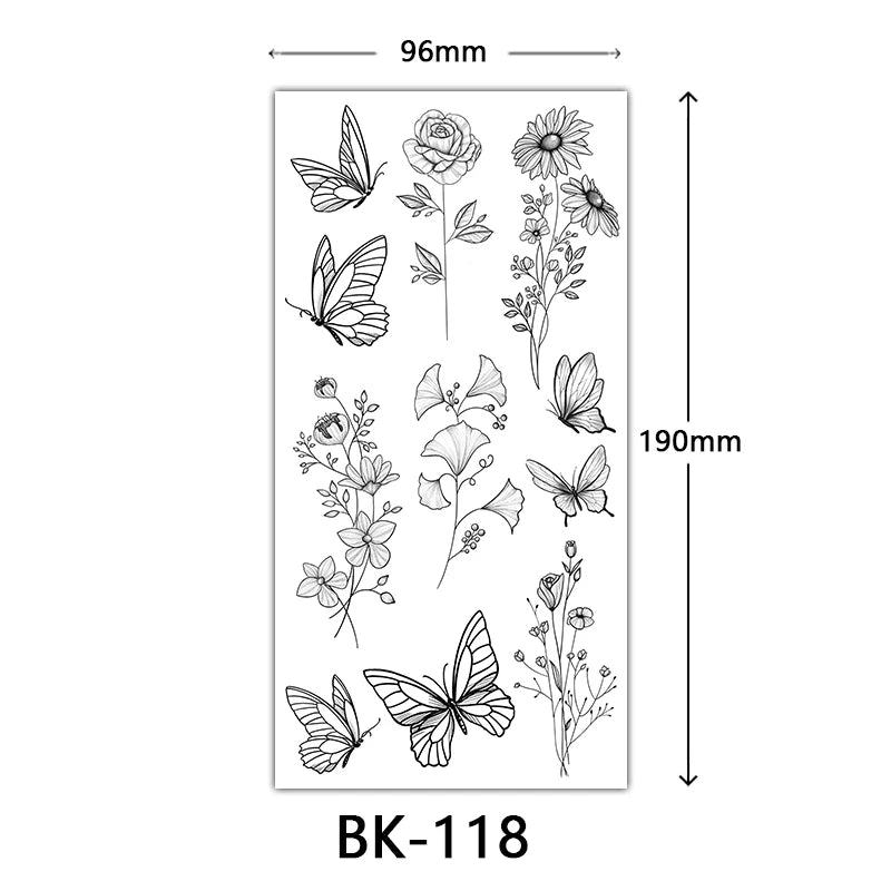 Black Floral Temporary Tattoo Stickers – Waterproof Fake Flower Tattoos for Hand, Arm, Body