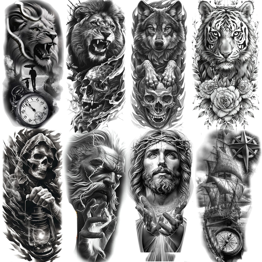 1 Sheet Lion Tiger Wolf Skull Ship Temporary Tattoo Sticker – Waterproof Realistic Body Art for Arm and Chest