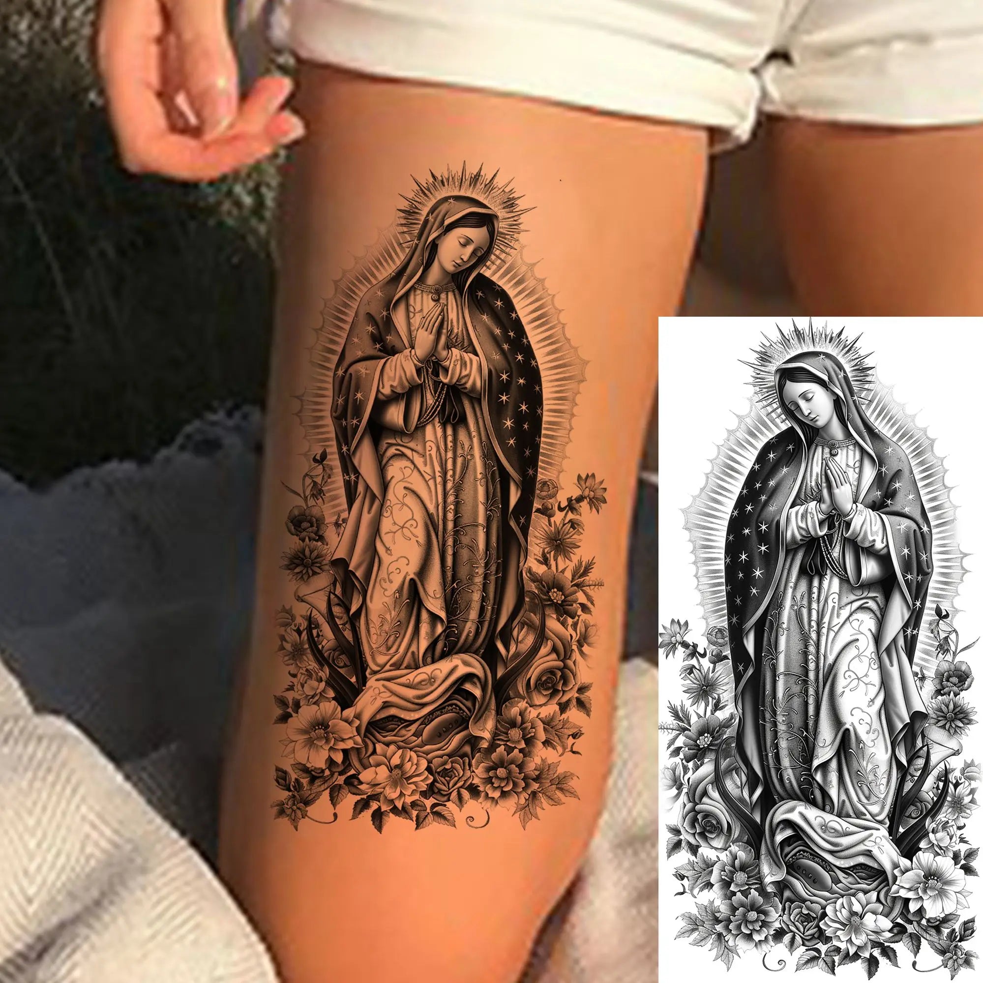 1pc Black Jesus Mary Cross Temporary Tattoo Stickers – Realistic Christian Prayer Tattoo Waterproof