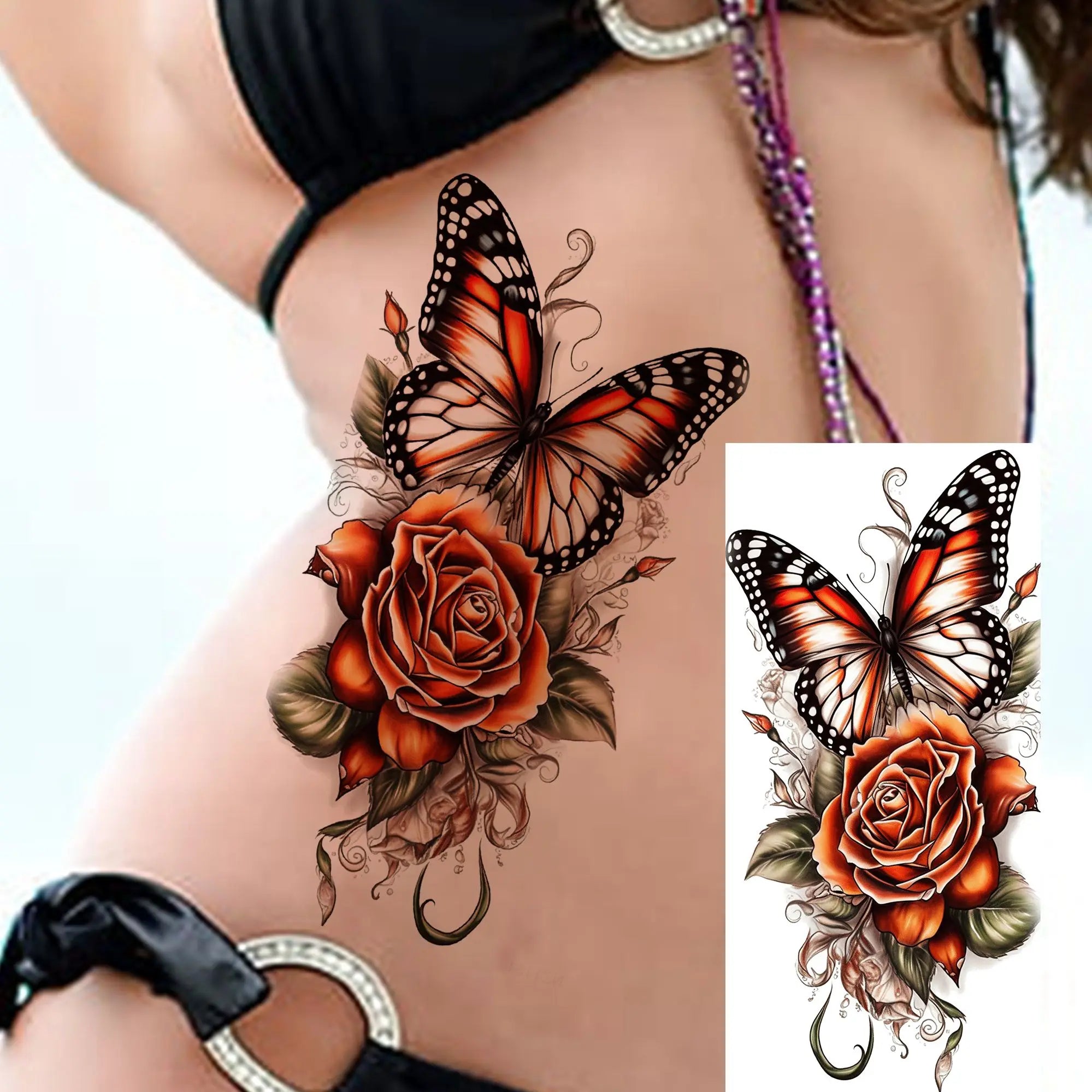 Watercolor Flower & Butterfly Tattoo – Realistic Waterproof Temporary Sticker (1 Sheet)