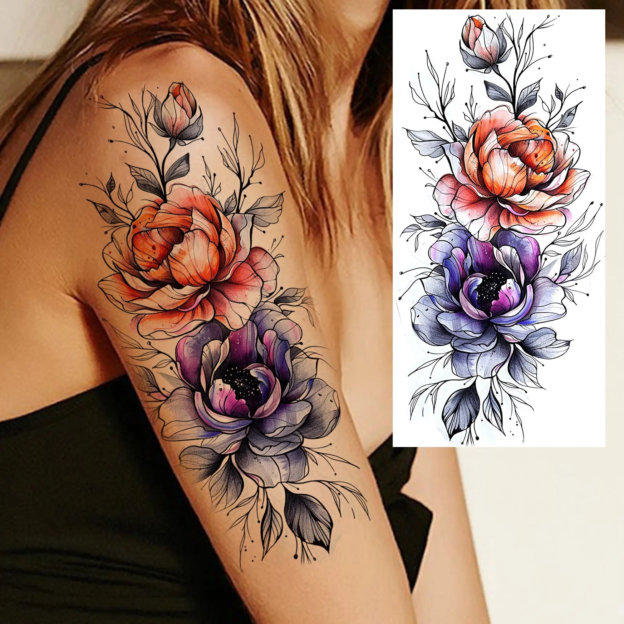 1 Sheet Phoenix Butterfly Flower Temporary Tattoo Sticker – Waterproof Realistic Fake Tattoos for Arm Back Waist