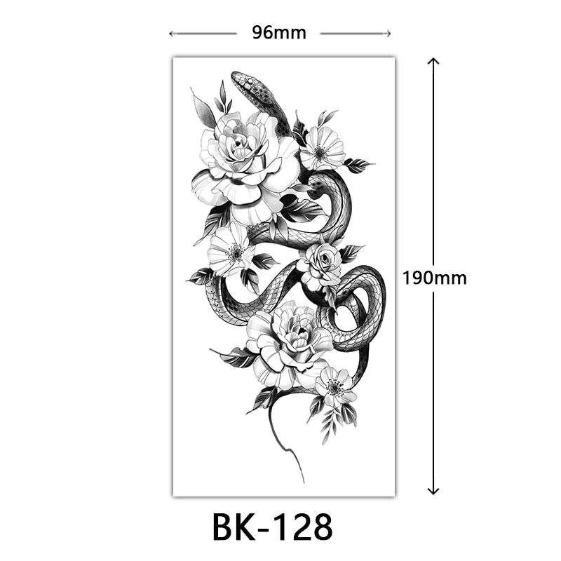Black Floral Temporary Tattoo Stickers – Waterproof Fake Flower Tattoos for Hand, Arm, Body