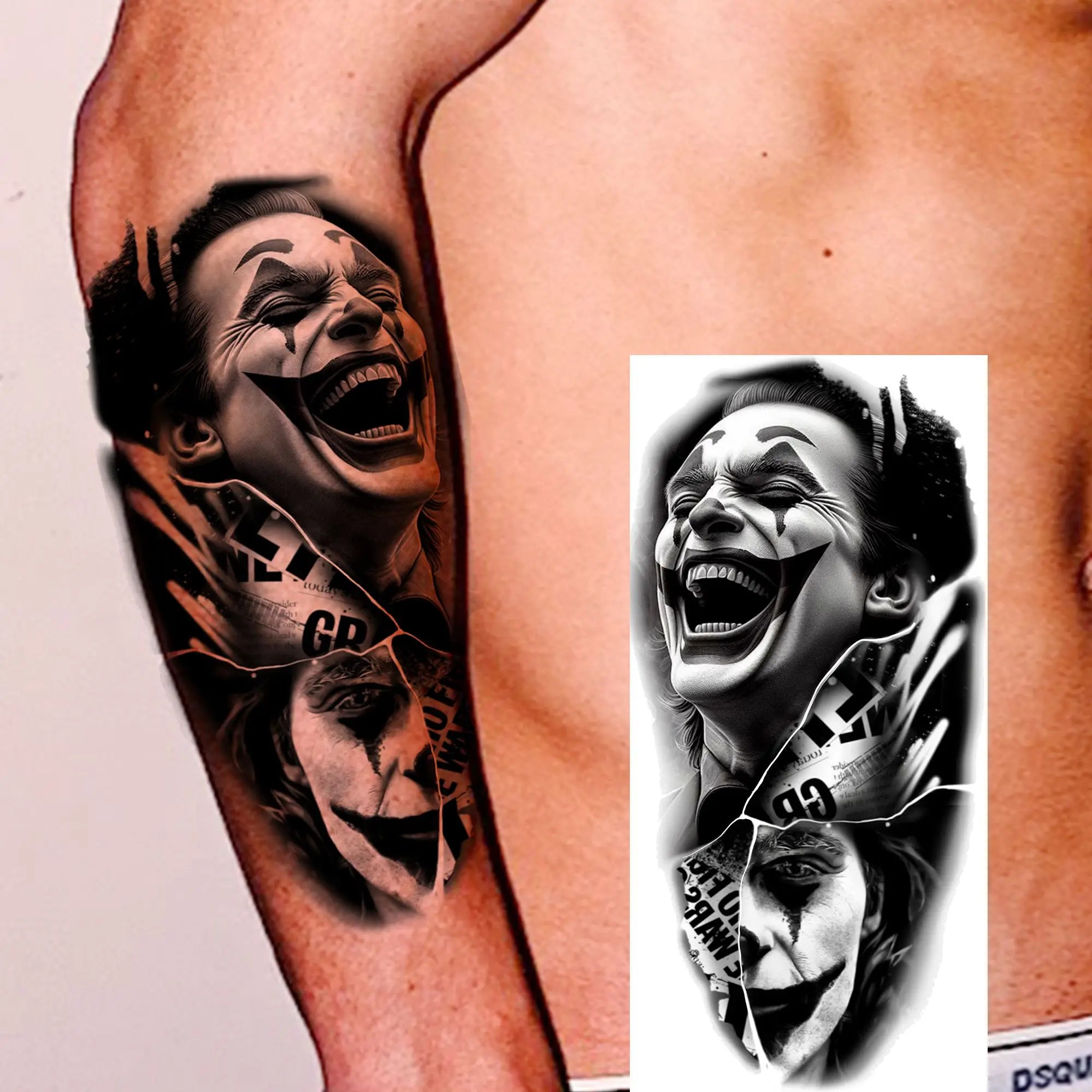 1 Sheet Gangster Joker Mask Poker Temporary Tattoo – Waterproof Fake Sleeve for Arm, Realistic Robber Rebel Design