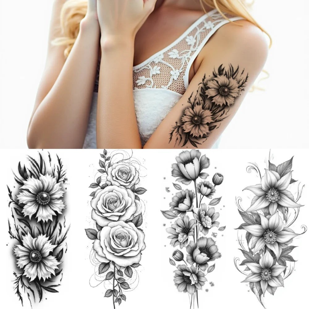 12pcs Realistic Blooming Flower Temporary Tattoos