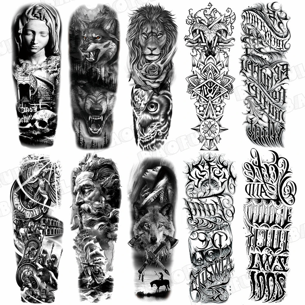 1 Sheet Wolf Lion Maori Flower Arm Sleeve Temporary Tattoo Sticker – Realistic Waterproof Fake Tattoos for Body