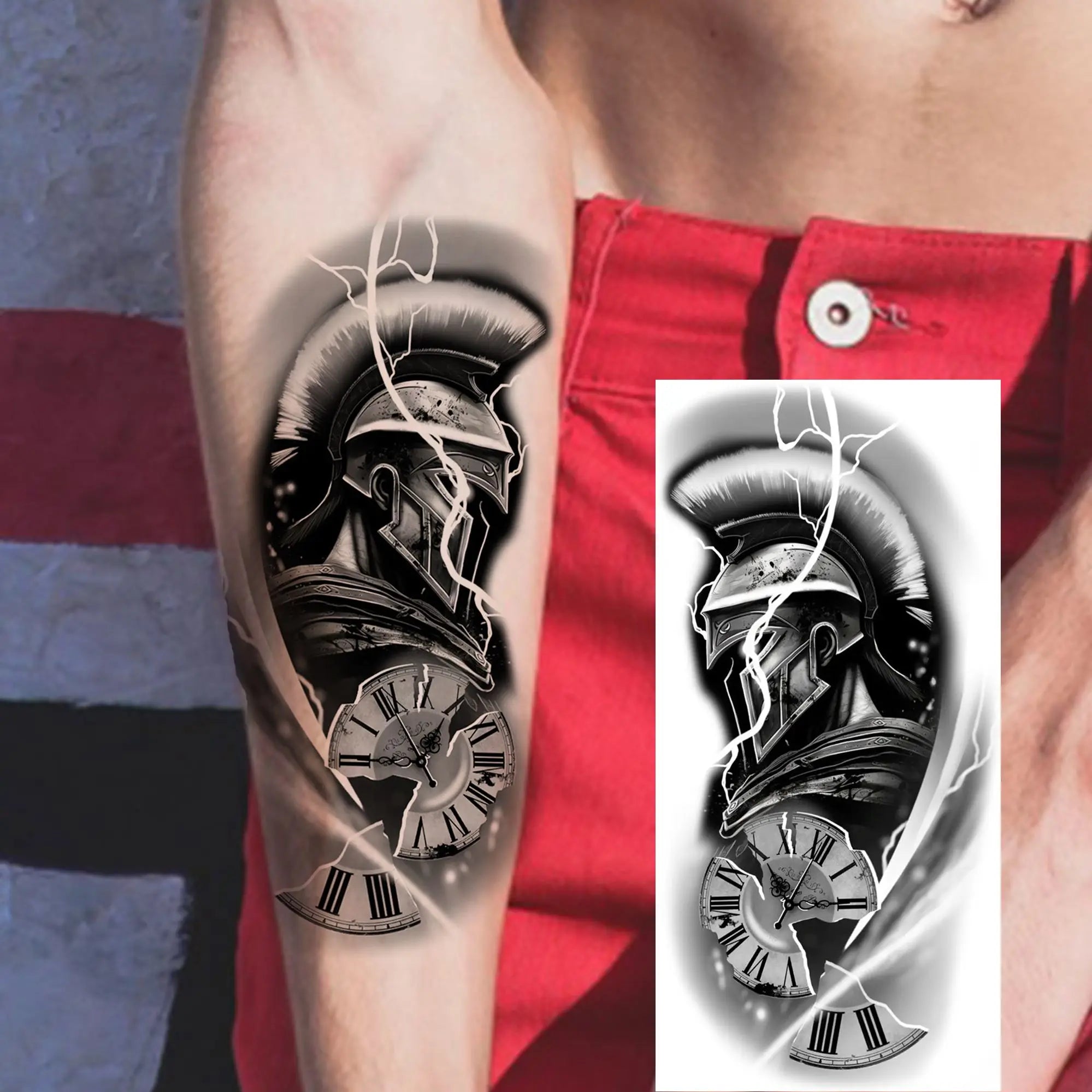 1pc Black Warrior Spartan Temporary Tattoo Stickers – Gladiator Helmet Lion Wolf Armor Design