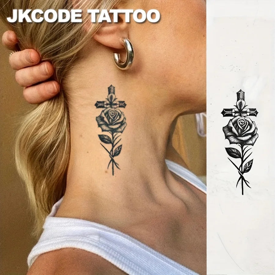 Cross Rose Finger Tattoo Sticker – Waterproof Semi-Permanent Botanical Fake Tattoo