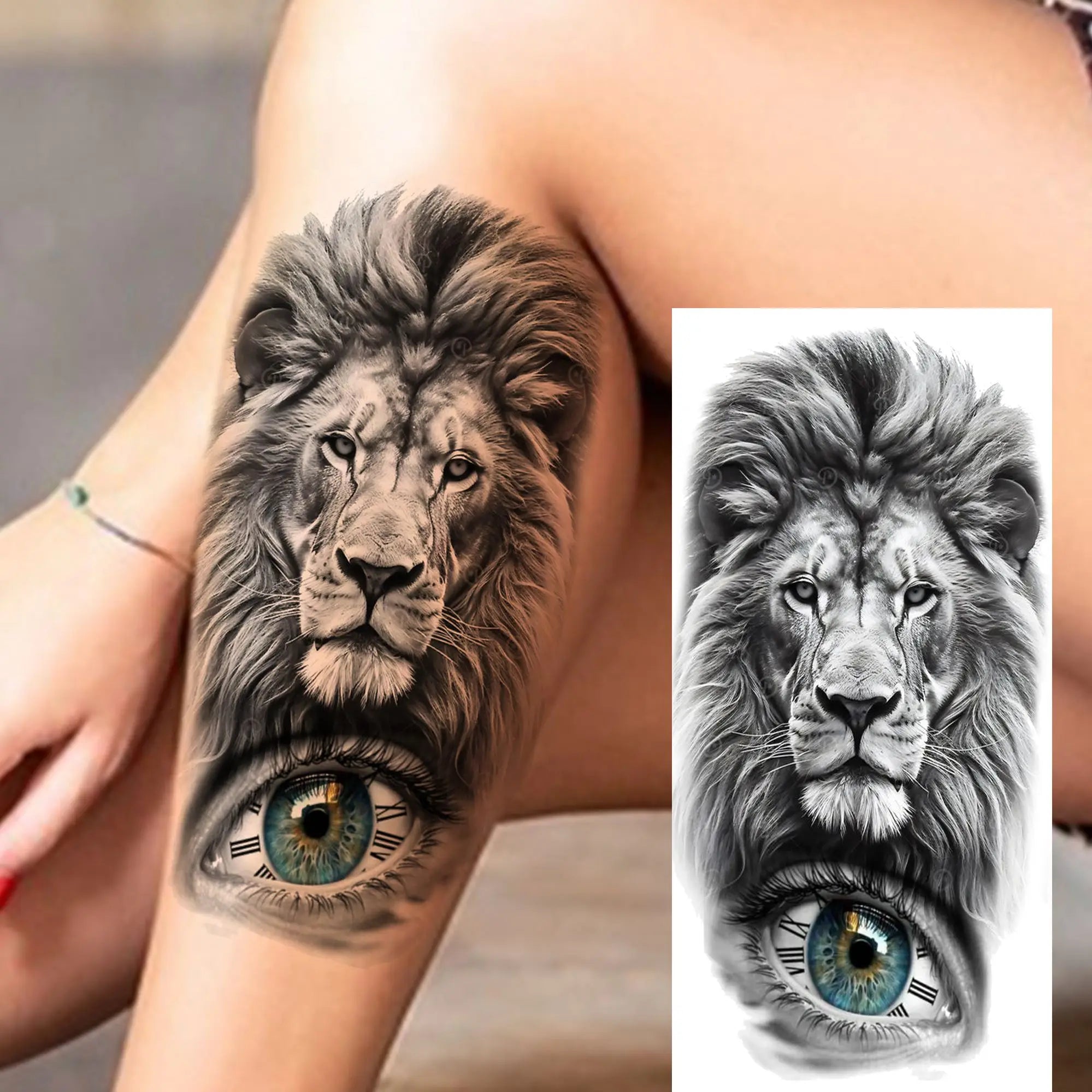1pc Black Animal Realism Temporary Tattoo Stickers - Tiger Lion Wolf Clock Skull Eye