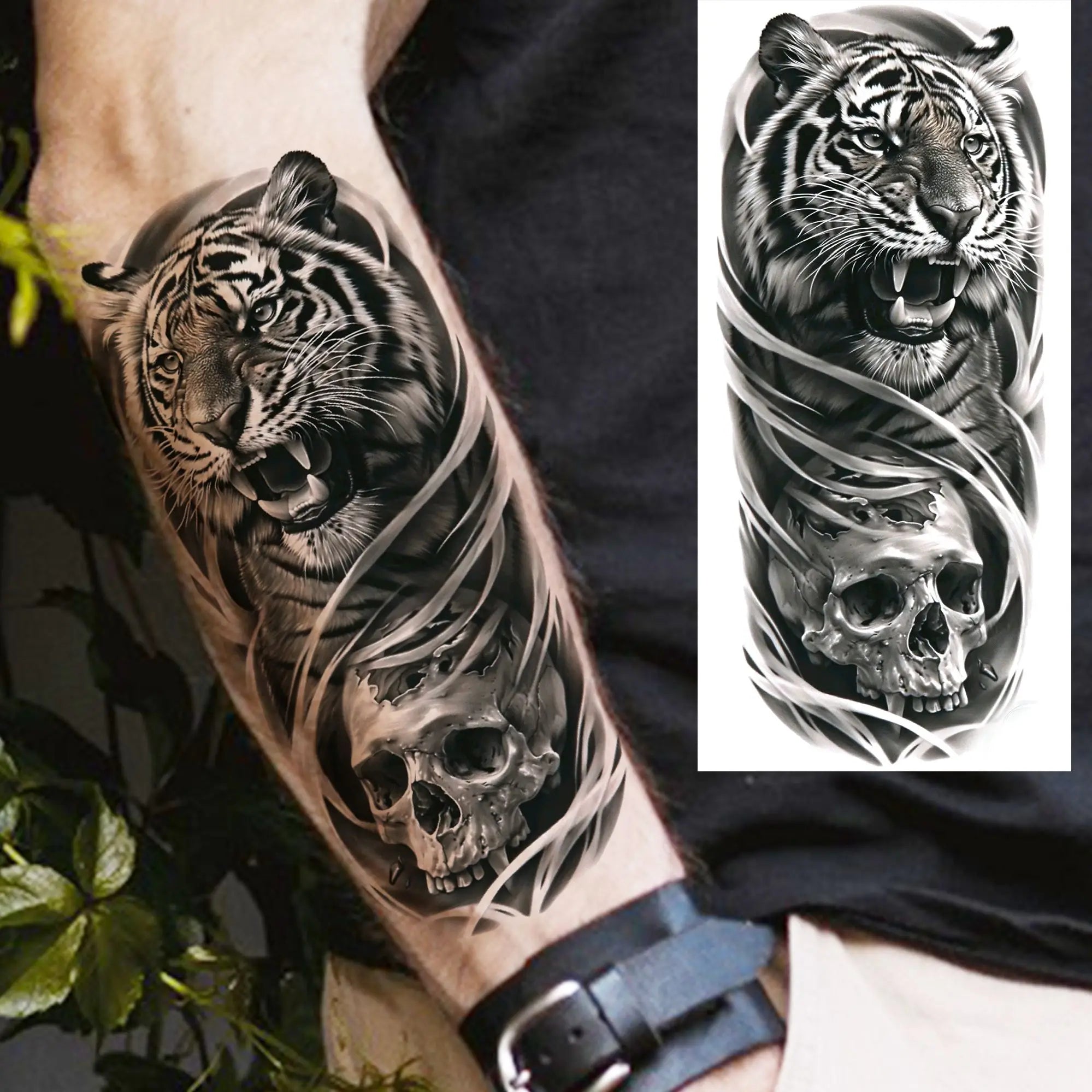 1pc Black Animal Realism Temporary Tattoo Stickers - Tiger Lion Wolf Clock Skull Eye
