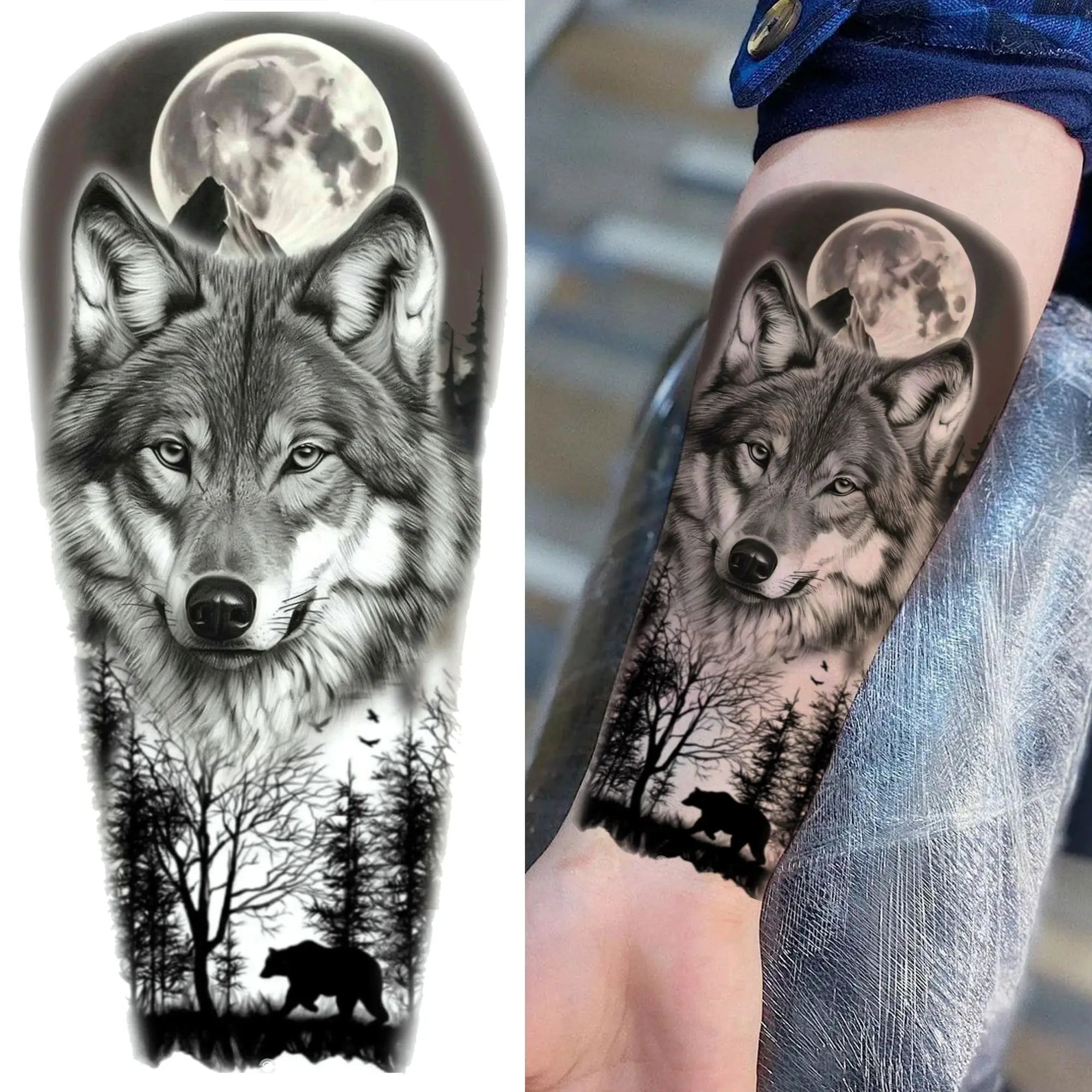 1pc Black Animal Realism Temporary Tattoo Stickers - Tiger Lion Wolf Clock Skull Eye