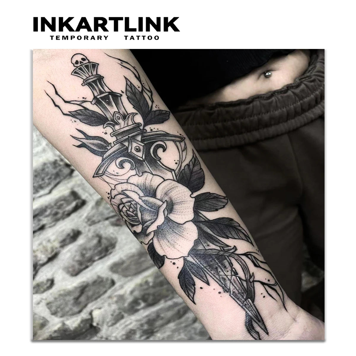 Black Rose Dagger Semi-Permanent Tattoo –Waterproof Fake Tattoo Sticker