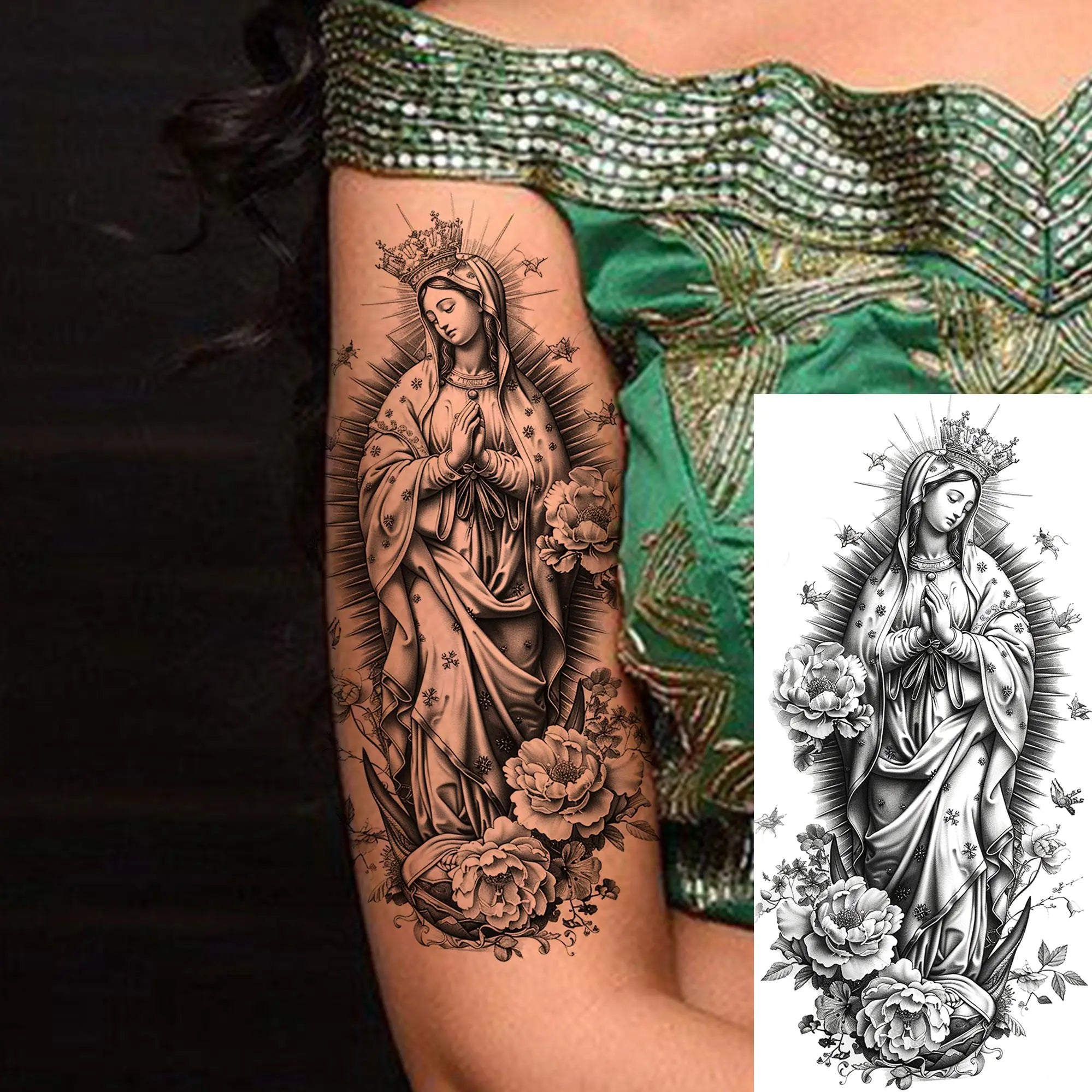 1pc Black Jesus Mary Cross Temporary Tattoo Stickers – Realistic Christian Prayer Tattoo Waterproof