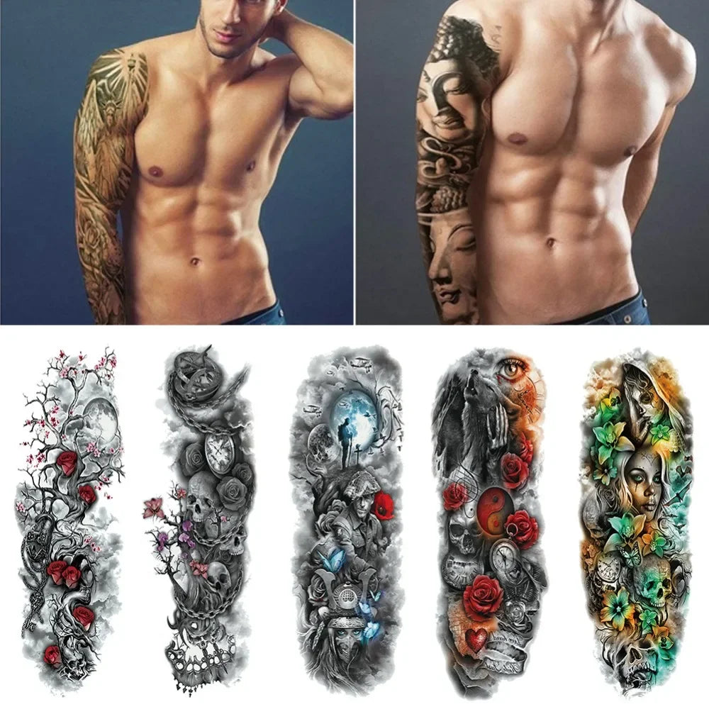 Full Arm Skull Tattoo Sticker – Waterproof 15-Day Semi-Permanent Tattoo for Men & Women