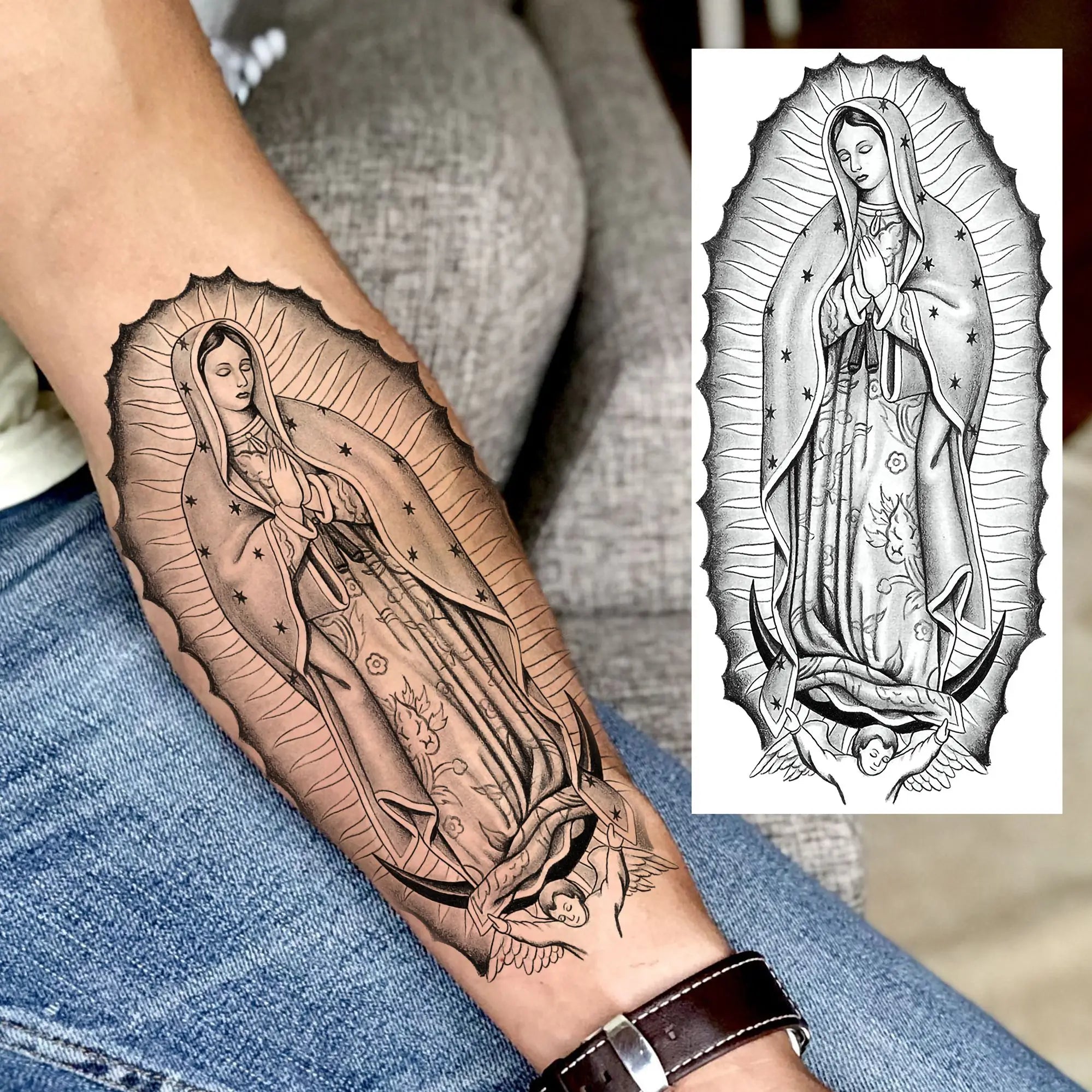 1pc Black Jesus Mary Cross Temporary Tattoo Stickers – Realistic Christian Prayer Tattoo Waterproof