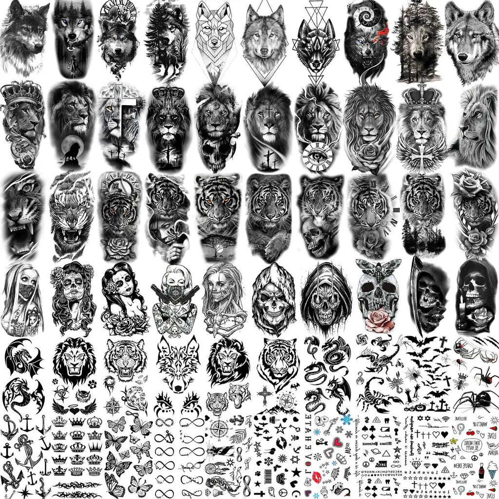 Beast Pack – Wolf Tiger Skull Tattoo Set (60 Sheets)