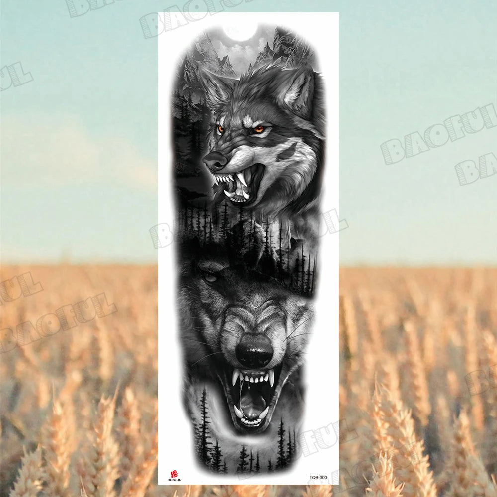 1 Sheet Wolf Lion Maori Flower Arm Sleeve Temporary Tattoo Sticker – Realistic Waterproof Fake Tattoos for Body