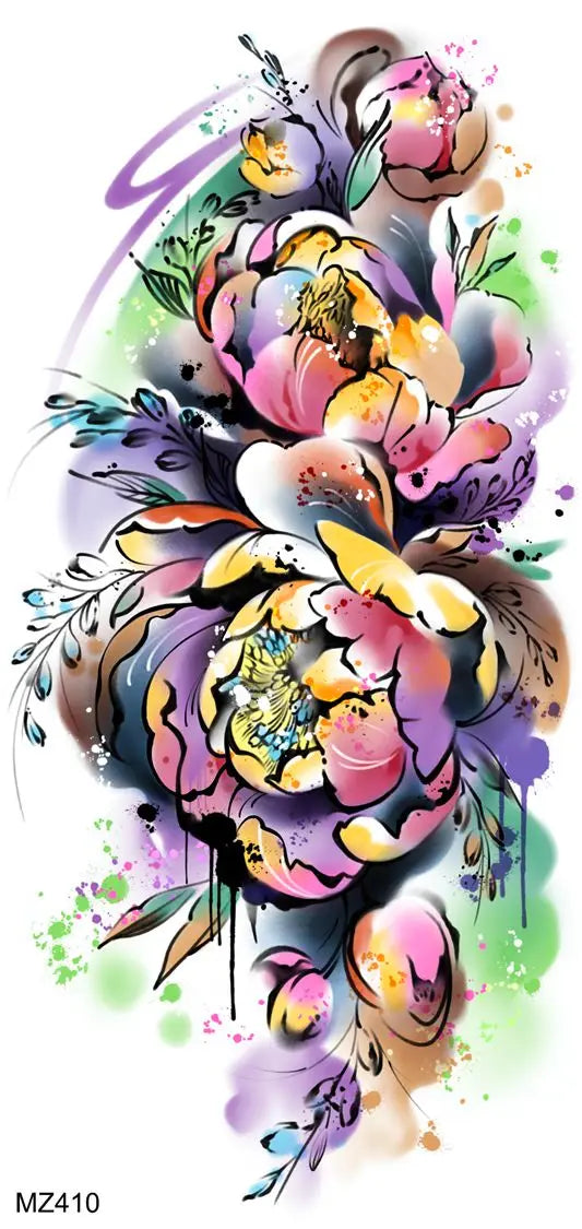 2pcs Watercolor Peony Rose Butterfly Temporary Tattoo Stickers