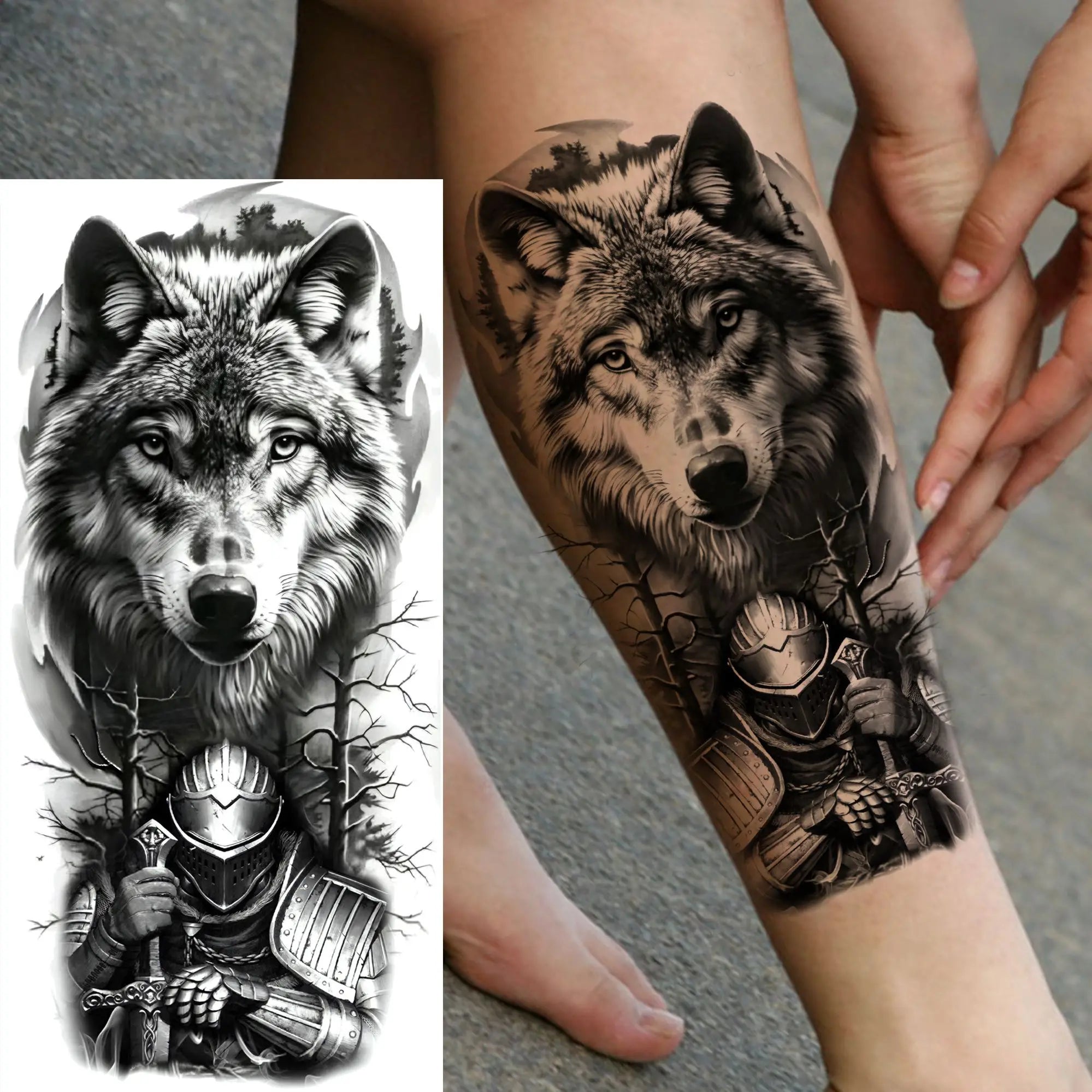 1pc Black Warrior Spartan Temporary Tattoo Stickers – Gladiator Helmet Lion Wolf Armor Design