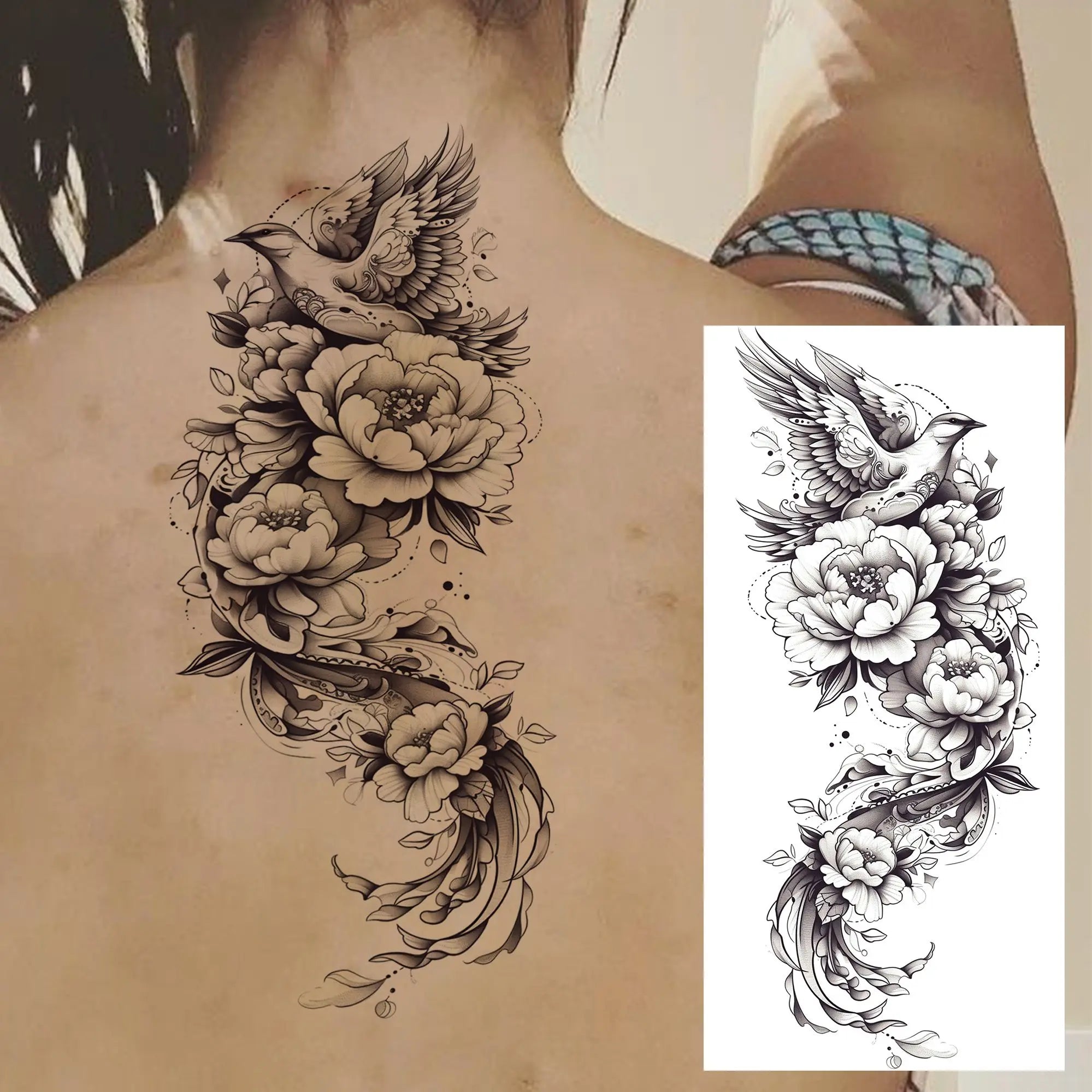 1 Sheet Phoenix Butterfly Flower Temporary Tattoo Sticker – Waterproof Realistic Fake Tattoos for Arm Back Waist