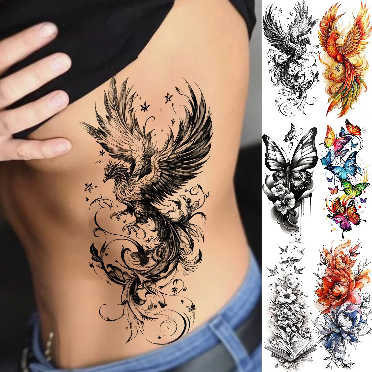 1 Sheet Phoenix Butterfly Flower Temporary Tattoo Sticker – Waterproof Realistic Fake Tattoos for Arm Back Waist