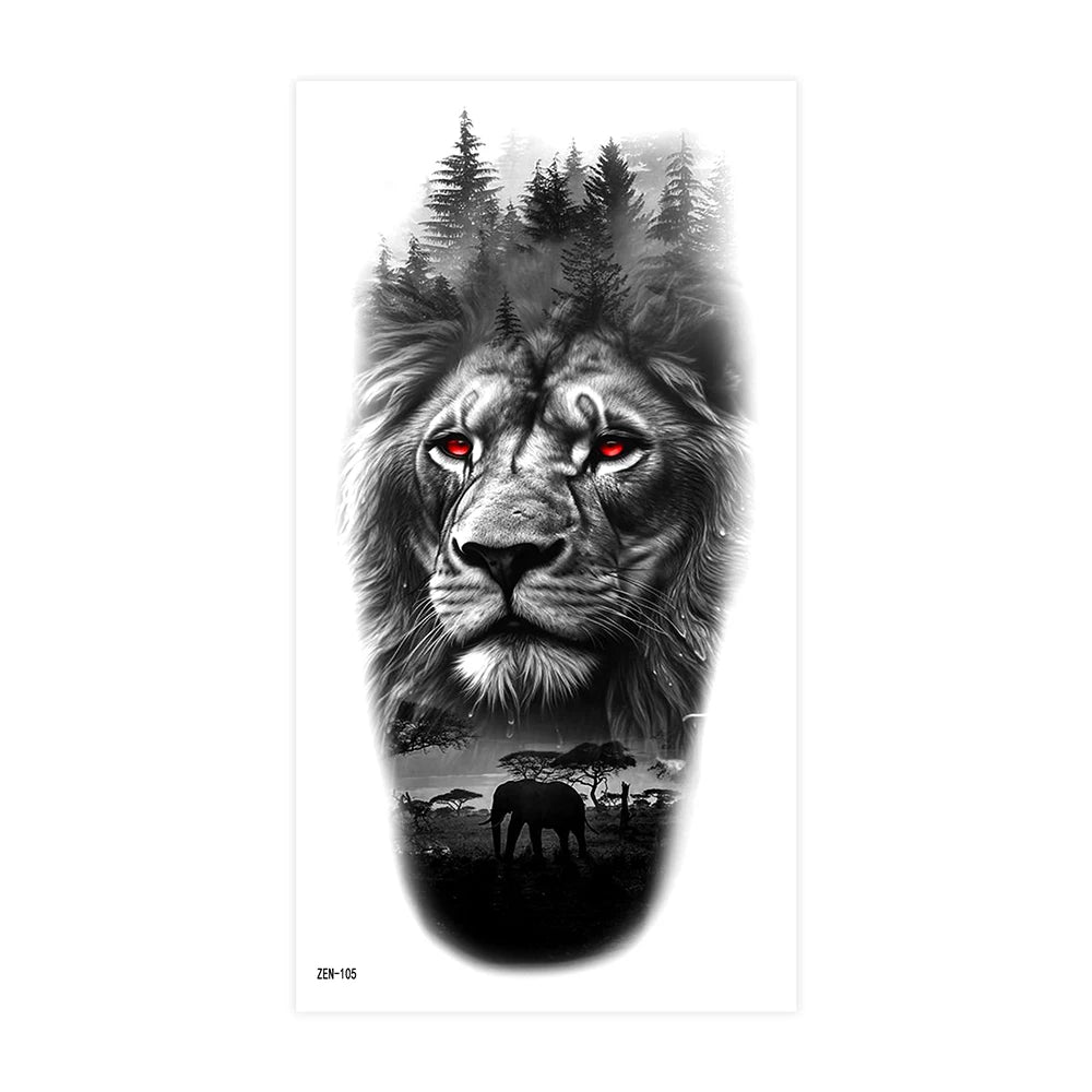 2pcs Black Lion Tiger Wolf Temporary Tattoo Stickers – Waterproof Fake Animal Sleeve Tattoos