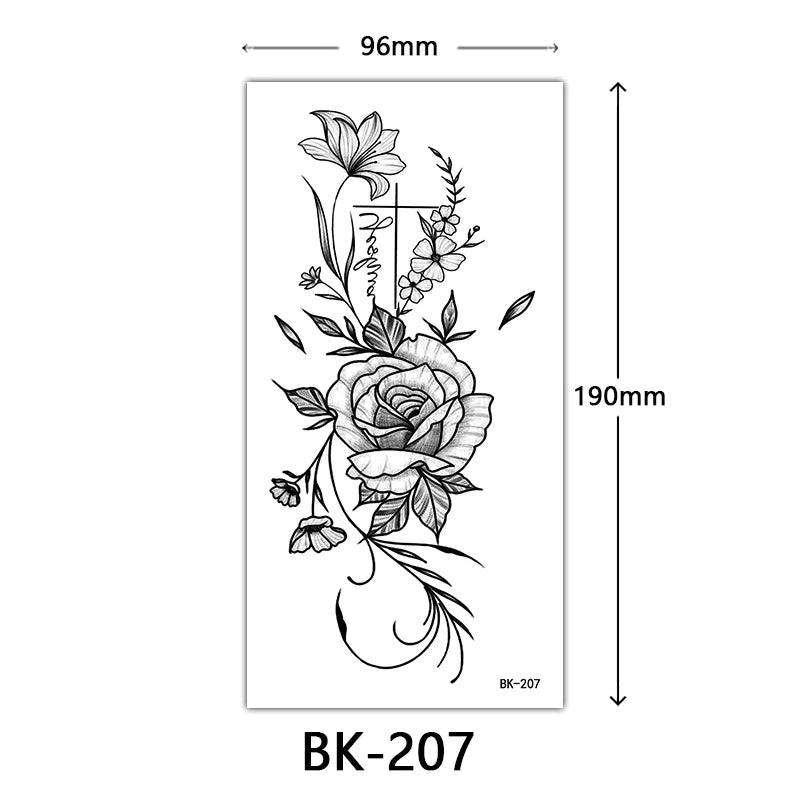 Black Floral Temporary Tattoo Stickers – Waterproof Fake Flower Tattoos for Hand, Arm, Body