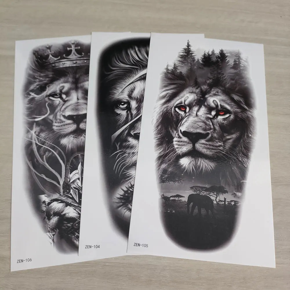 2pcs Black Lion Tiger Wolf Temporary Tattoo Stickers – Waterproof Fake Animal Sleeve Tattoos