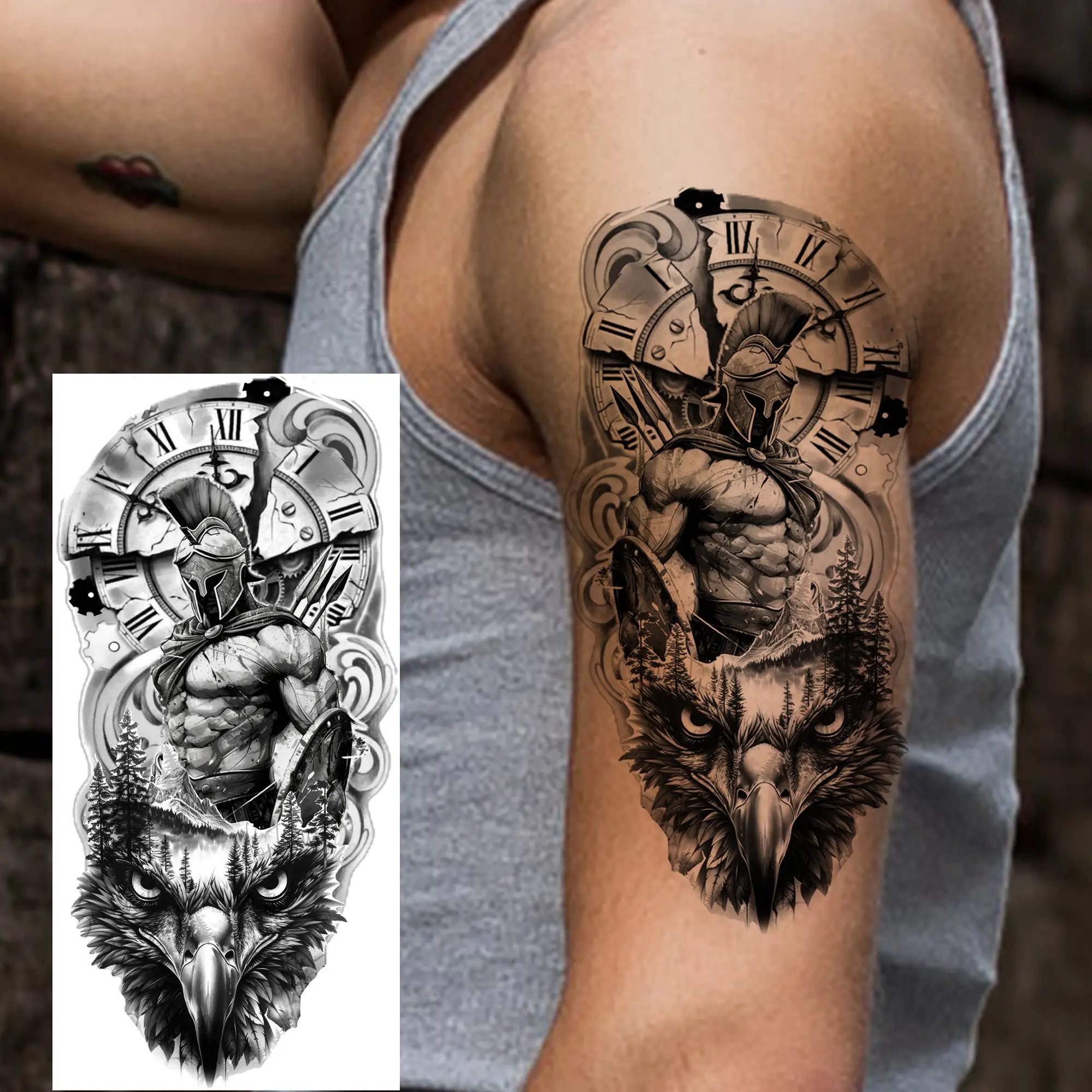 1pc Black Warrior Spartan Temporary Tattoo Stickers – Gladiator Helmet Lion Wolf Armor Design