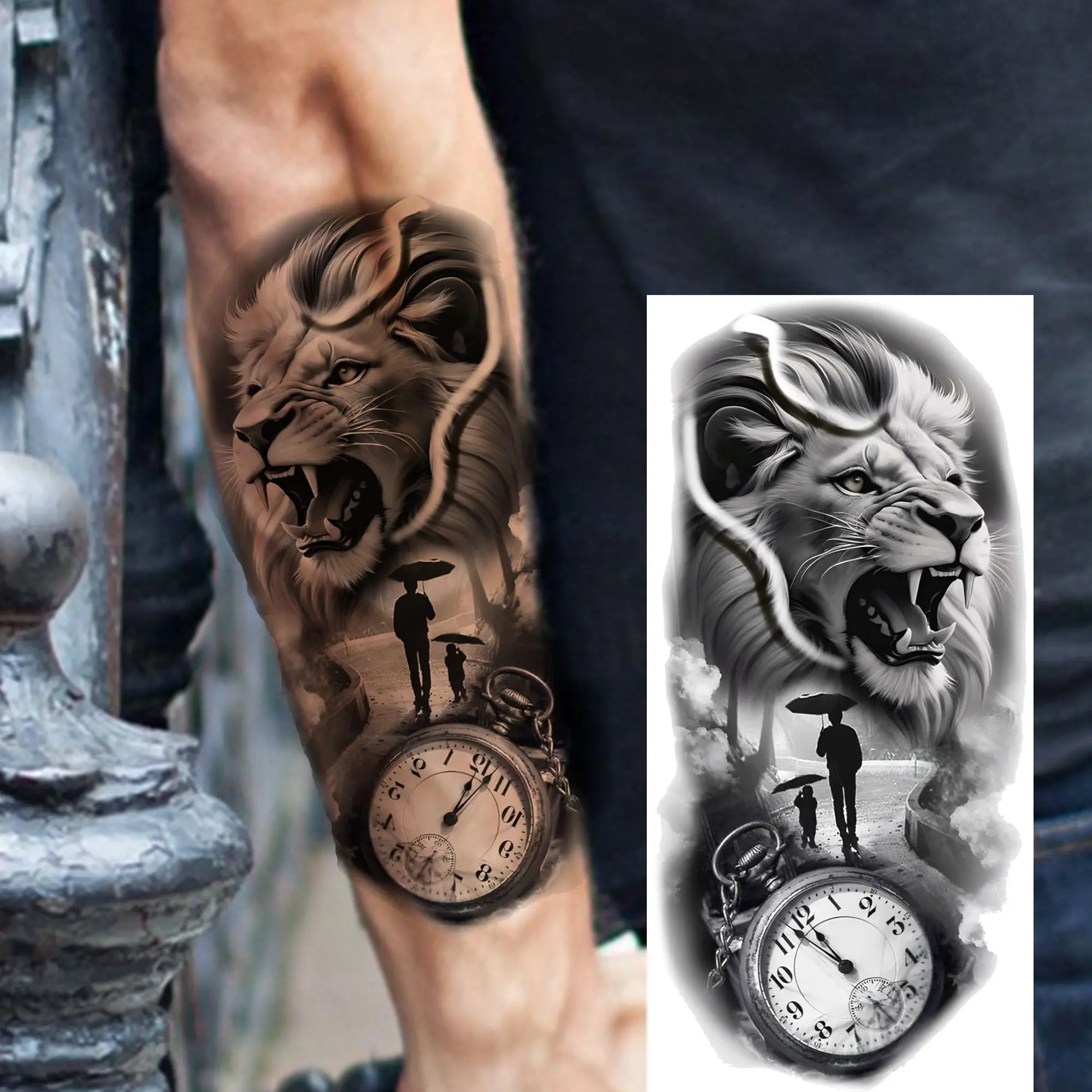 1pc Black Animal Realism Temporary Tattoo Stickers - Tiger Lion Wolf Clock Skull Eye