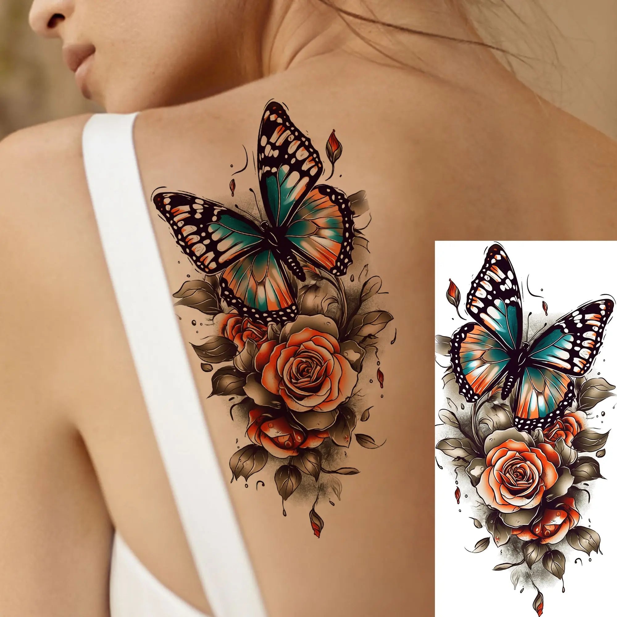 1 Sheet Watercolor Tiger Rose Temporary Tattoo Sticker – Waterproof Fake Tattoo with Floral & Bird Design