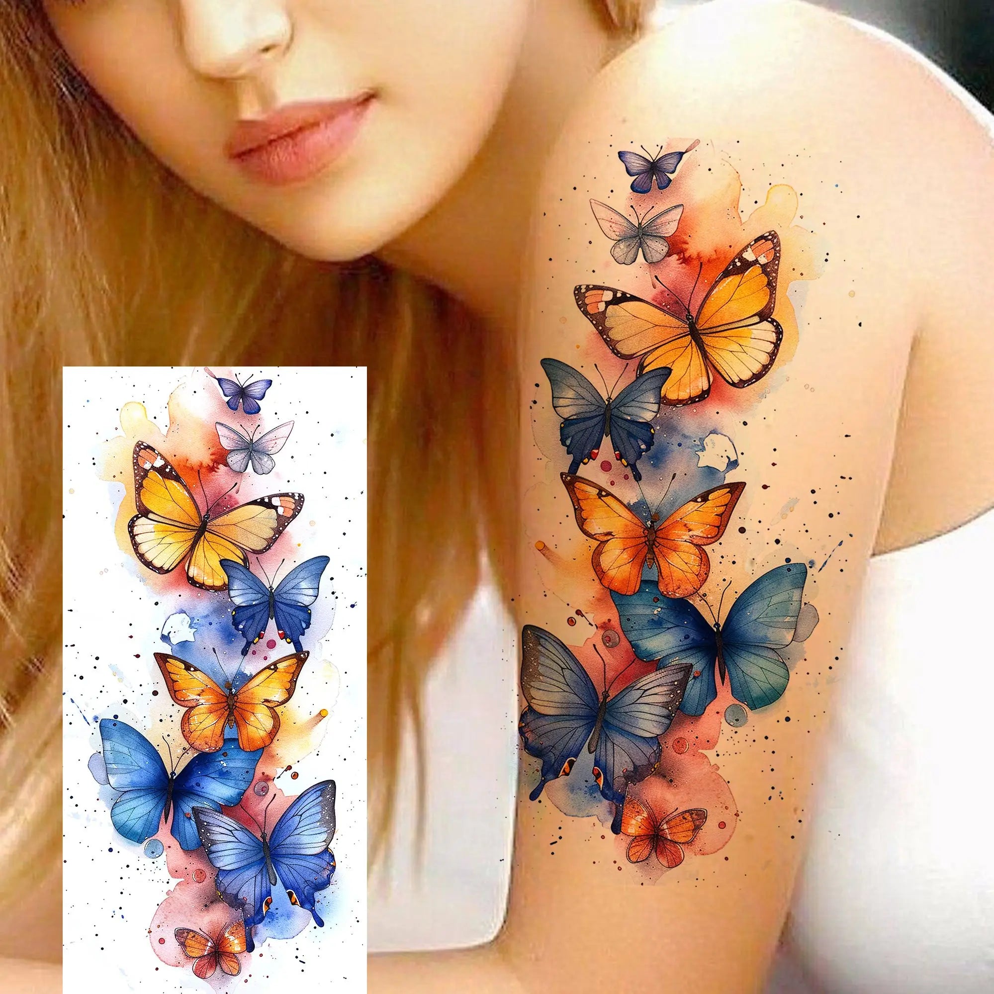 Watercolor Flower & Butterfly Tattoo – Realistic Waterproof Temporary Sticker (1 Sheet)