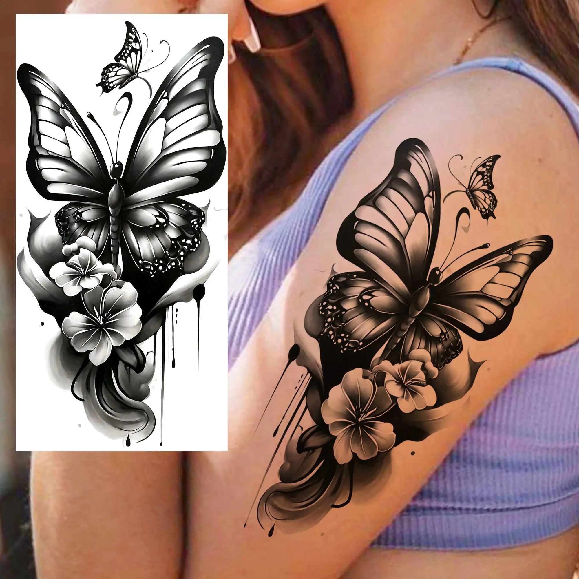 1 Sheet Phoenix Butterfly Flower Temporary Tattoo Sticker – Waterproof Realistic Fake Tattoos for Arm Back Waist