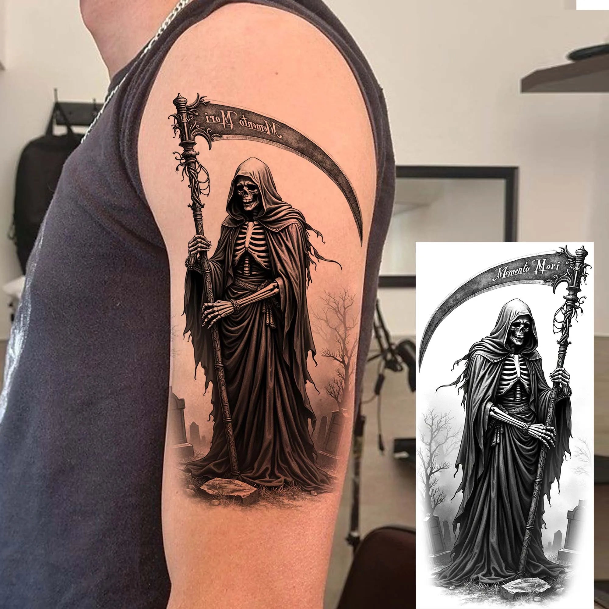 Grim Reaper Skull Pirate Temporary Tattoo – Halloween Fake Tattoo Sticker (1 Sheet)