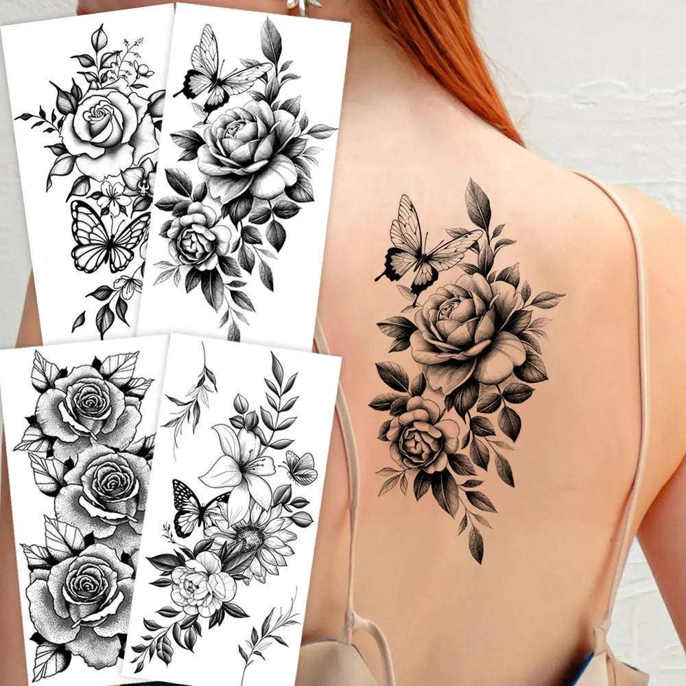 Black Floral Temporary Tattoo Stickers – Waterproof Fake Flower Tattoos for Hand, Arm, Body