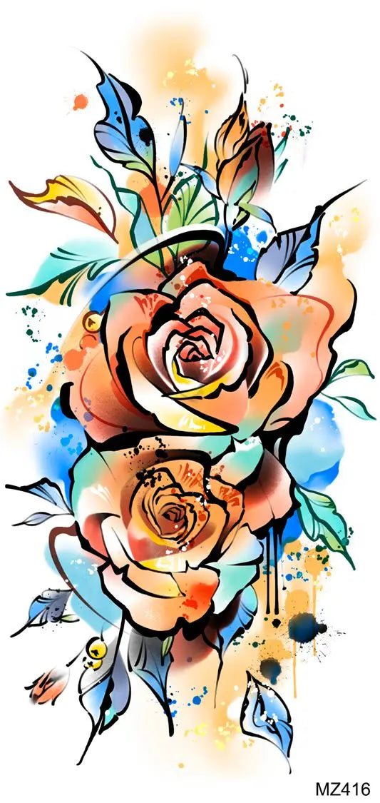 2pcs Watercolor Peony Rose Butterfly Temporary Tattoo Stickers