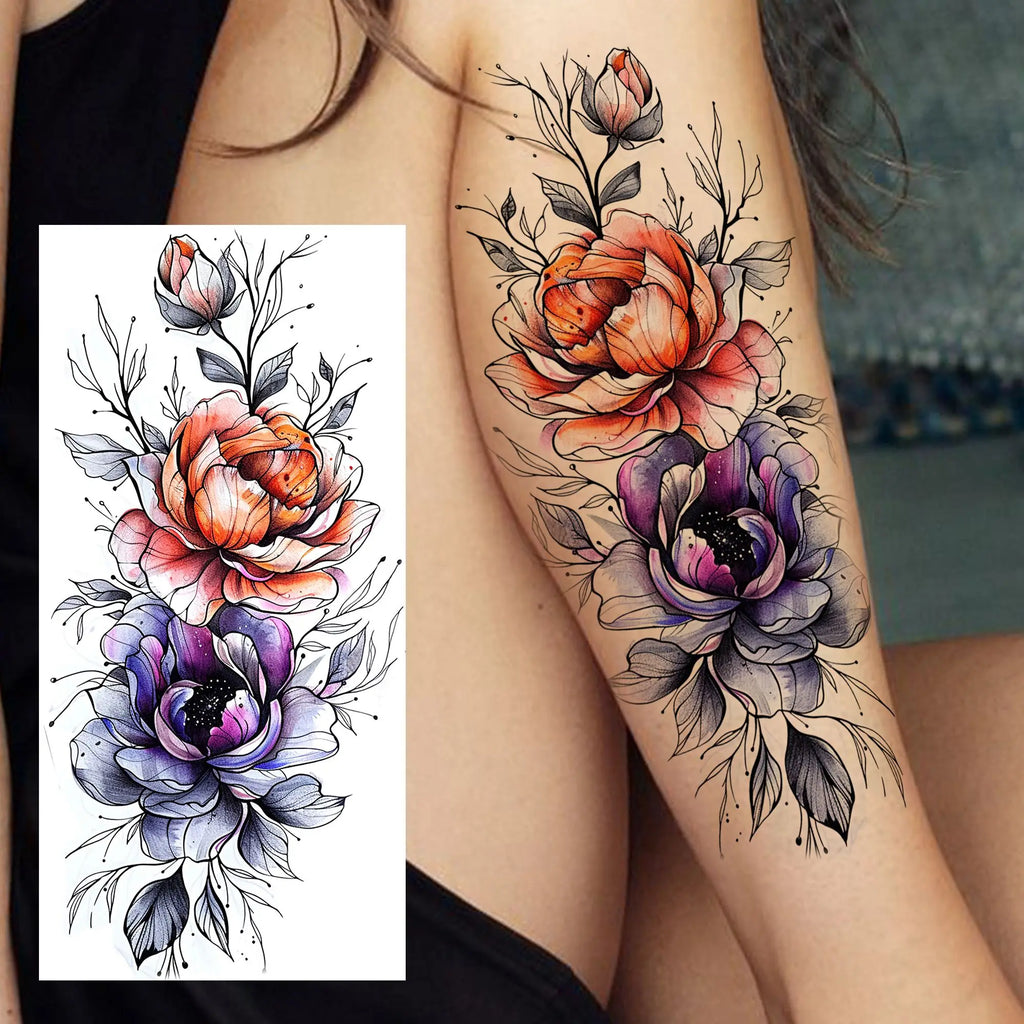 1 Sheet Watercolor Tiger Rose Temporary Tattoo Sticker – Waterproof Fake Tattoo with Floral & Bird Design